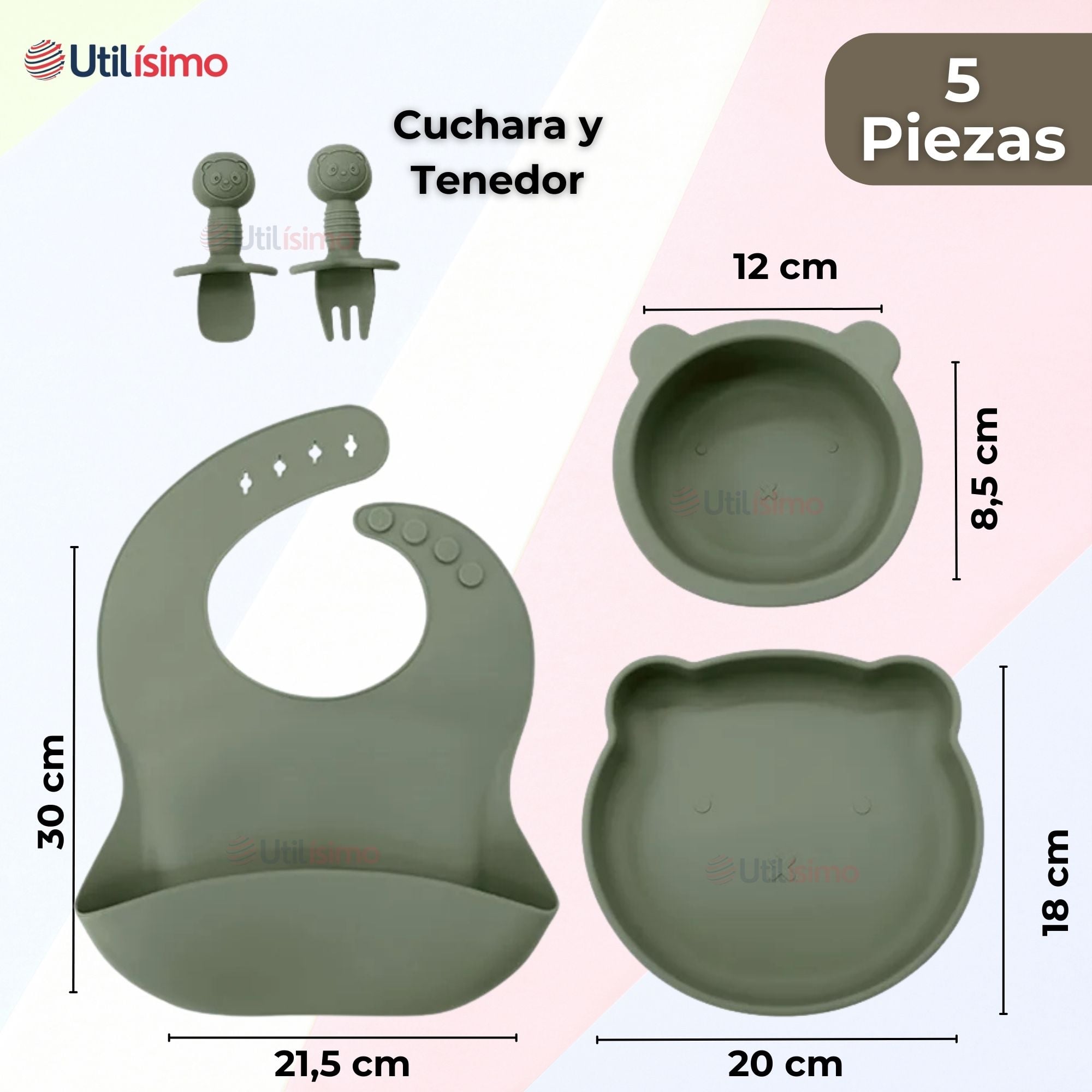 SET DE ALIMENTACIÓN BEBÉ SILICONA 5 PIEZAS DE OSITO LIBRE BPA VERDE - 2