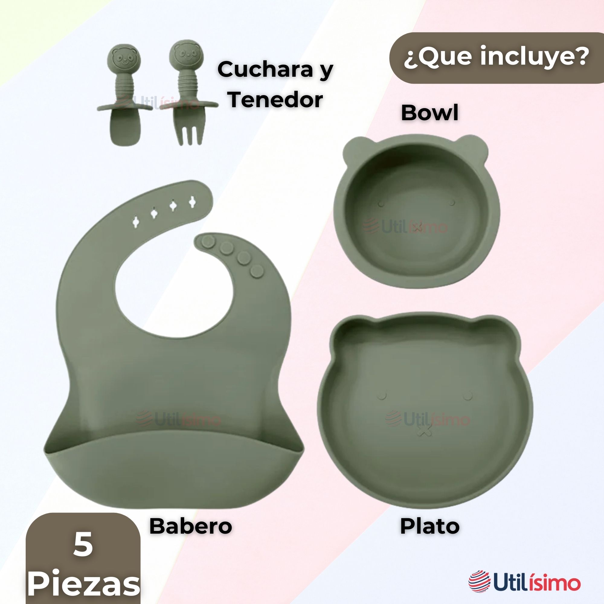 SET DE ALIMENTACIÓN BEBÉ SILICONA 5 PIEZAS DE OSITO LIBRE BPA VERDE - 4