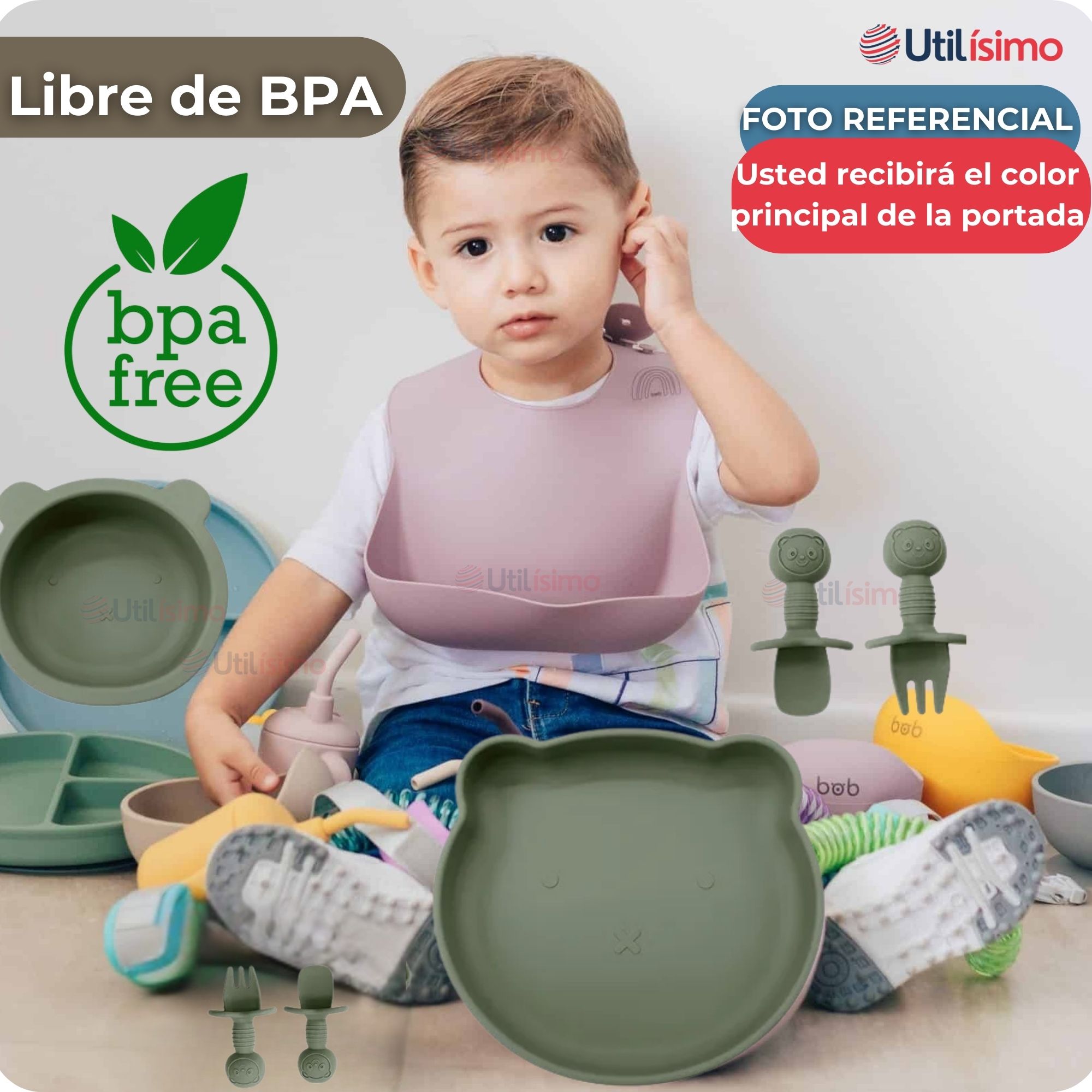 SET DE ALIMENTACIÓN BEBÉ SILICONA 5 PIEZAS DE OSITO LIBRE BPA VERDE - 5