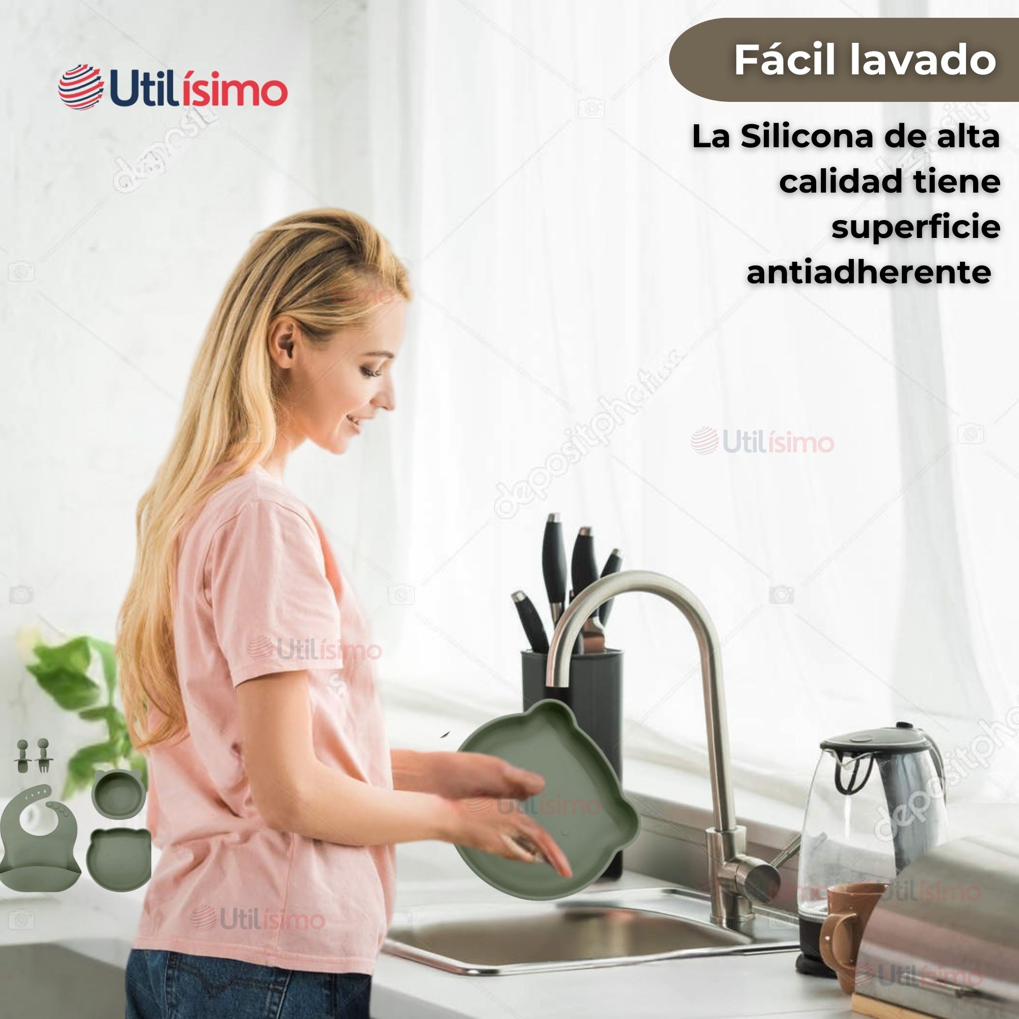 SET DE ALIMENTACIÓN BEBÉ SILICONA 5 PIEZAS DE OSITO LIBRE BPA VERDE - 6