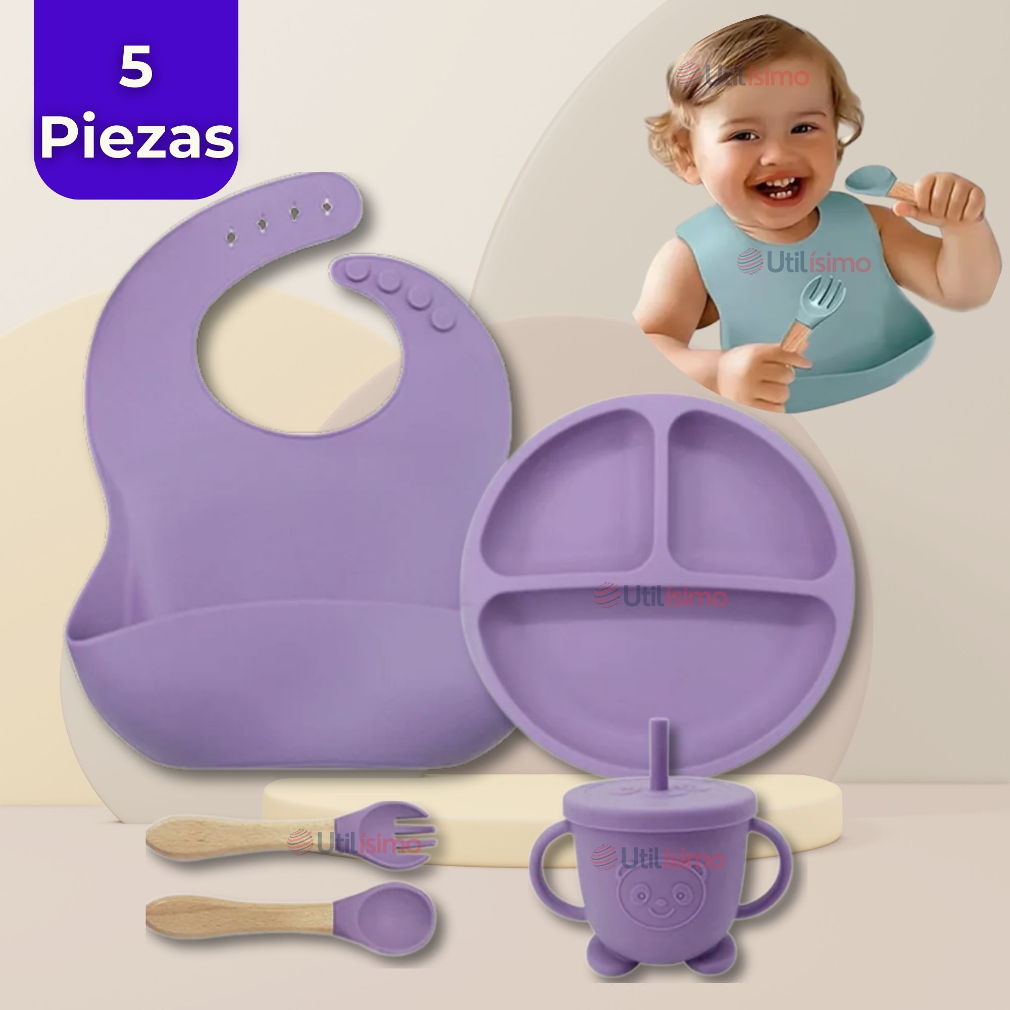 SET DE ALIMENTACIÓN BEBÉ SILICONA CON VASO 5 PIEZAS LIBRE BPA LILA - 1