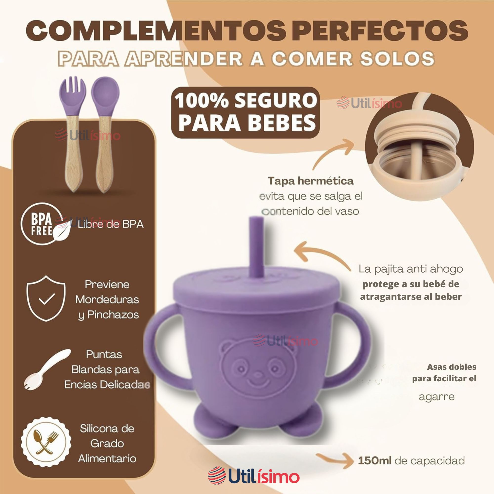 SET DE ALIMENTACIÓN BEBÉ SILICONA CON VASO 5 PIEZAS LIBRE BPA LILA - 3