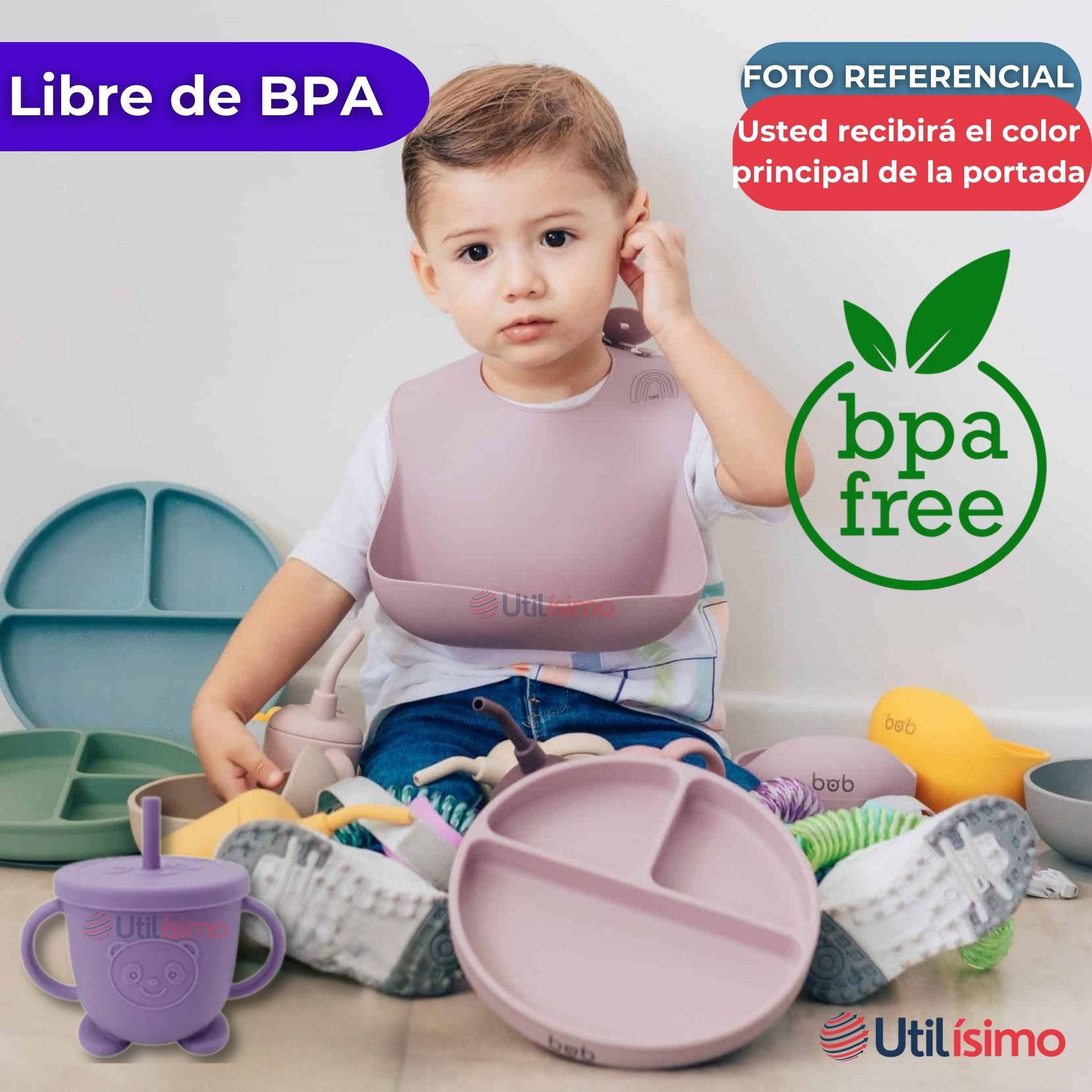 SET DE ALIMENTACIÓN BEBÉ SILICONA CON VASO 5 PIEZAS LIBRE BPA LILA - 5