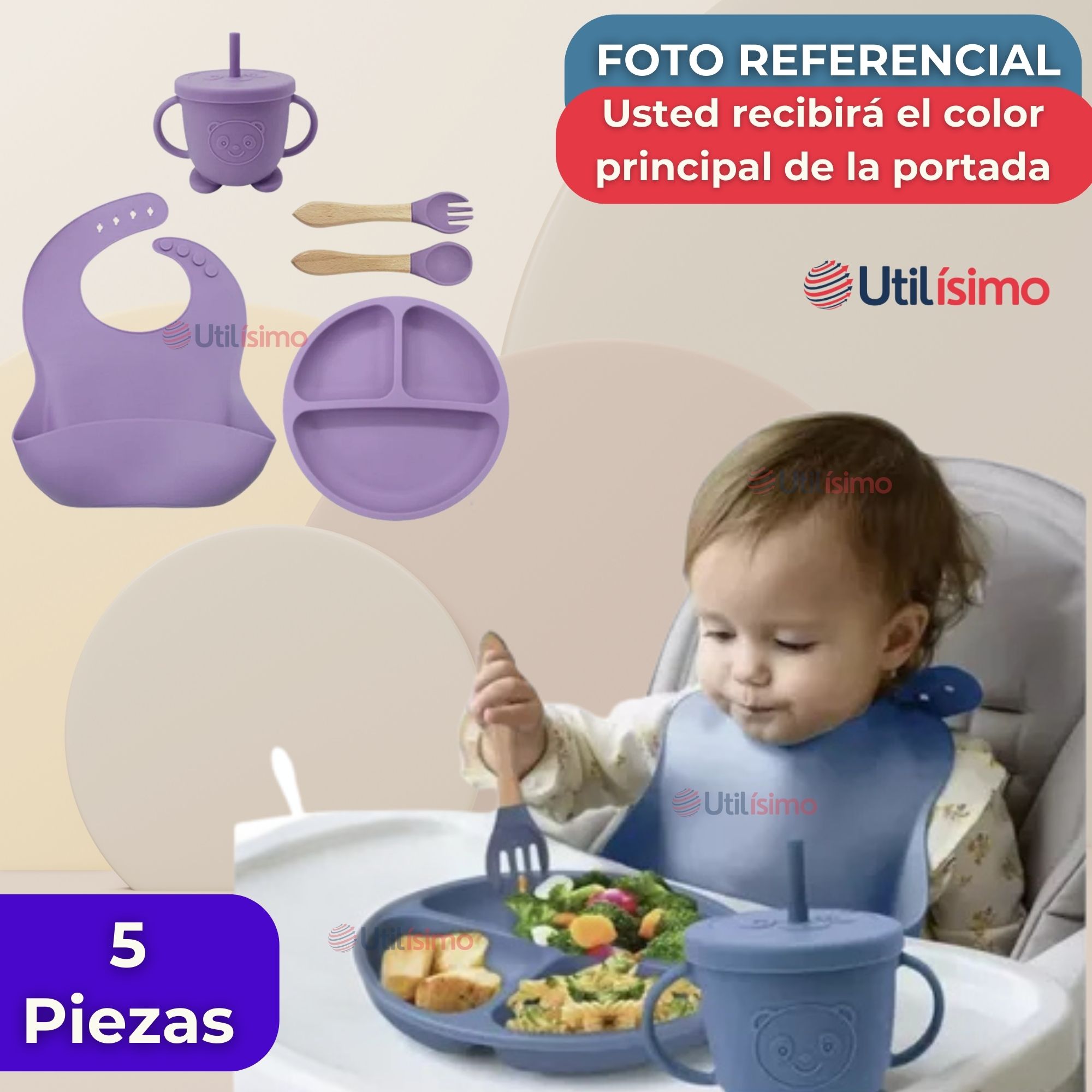 SET DE ALIMENTACIÓN BEBÉ SILICONA CON VASO 5 PIEZAS LIBRE BPA LILA - 8
