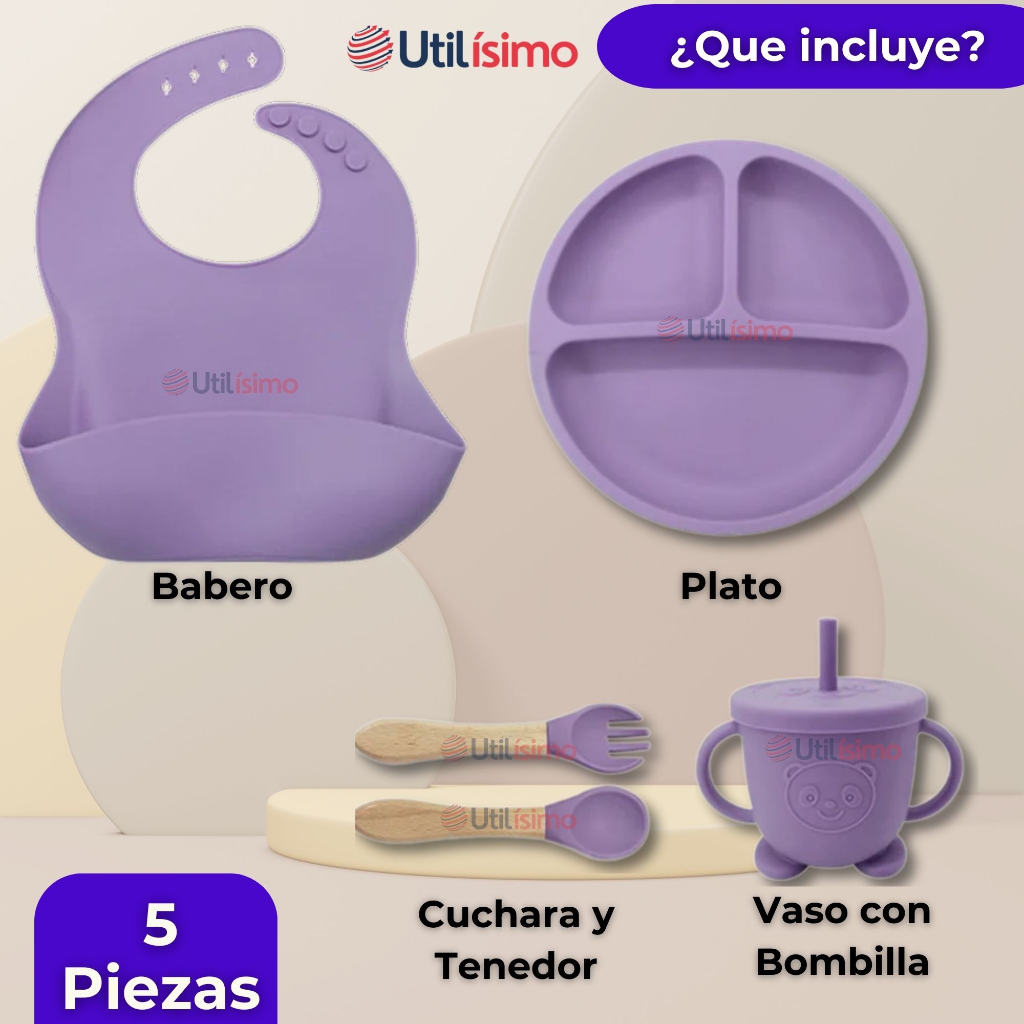 SET DE ALIMENTACIÓN BEBÉ SILICONA CON VASO 5 PIEZAS LIBRE BPA LILA - 9