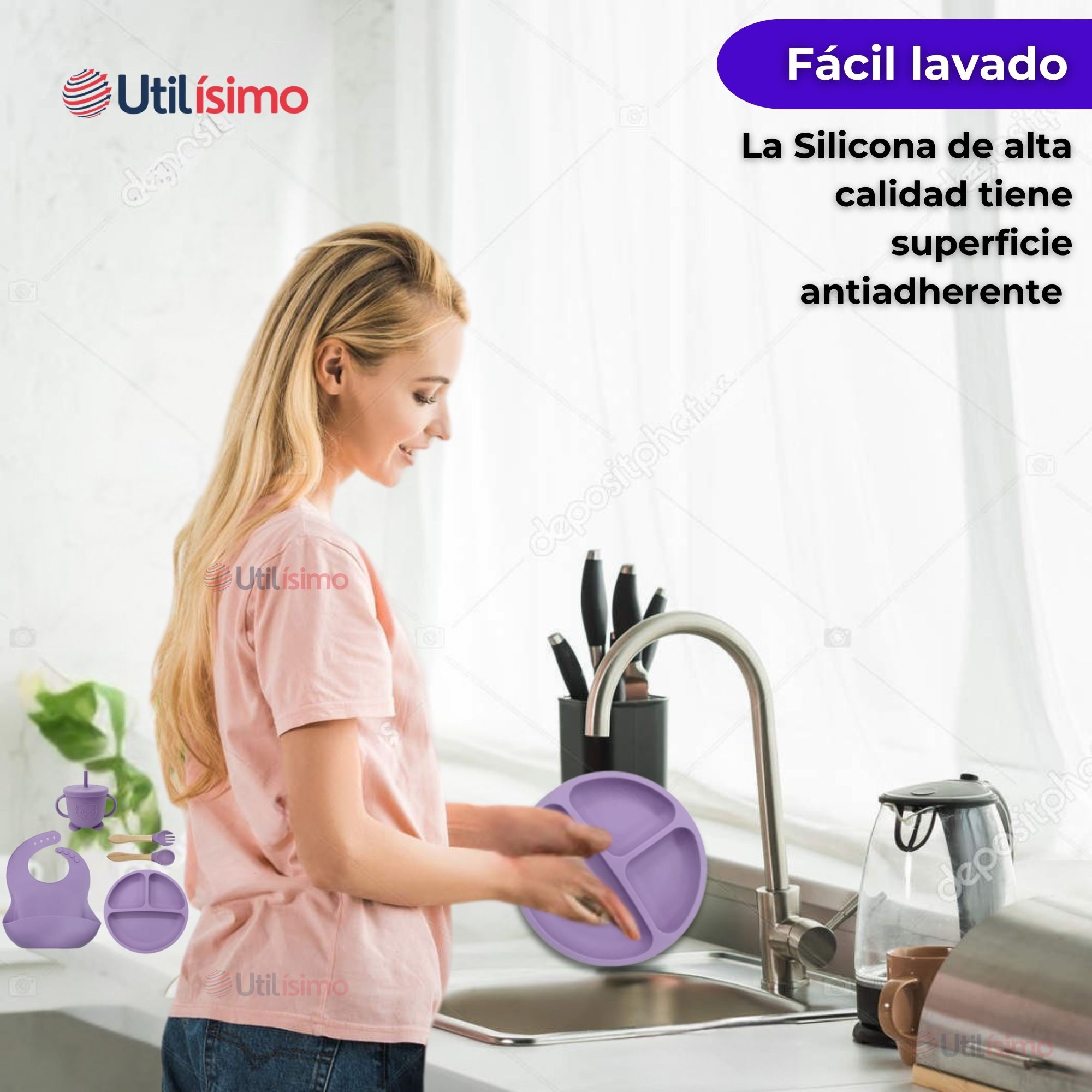 SET DE ALIMENTACIÓN BEBÉ SILICONA CON VASO 5 PIEZAS LIBRE BPA LILA - 11