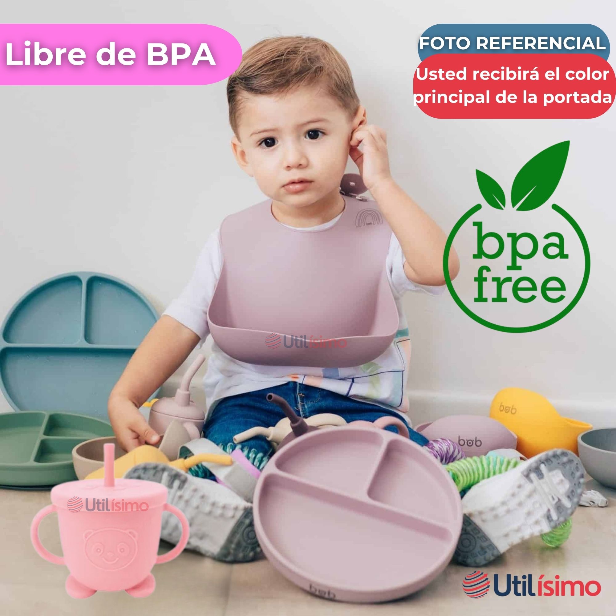 SET DE ALIMENTACIÓN BEBÉ SILICONA CON VASO 5 PIEZAS LIBRE BPA ROSA CLARO - 5