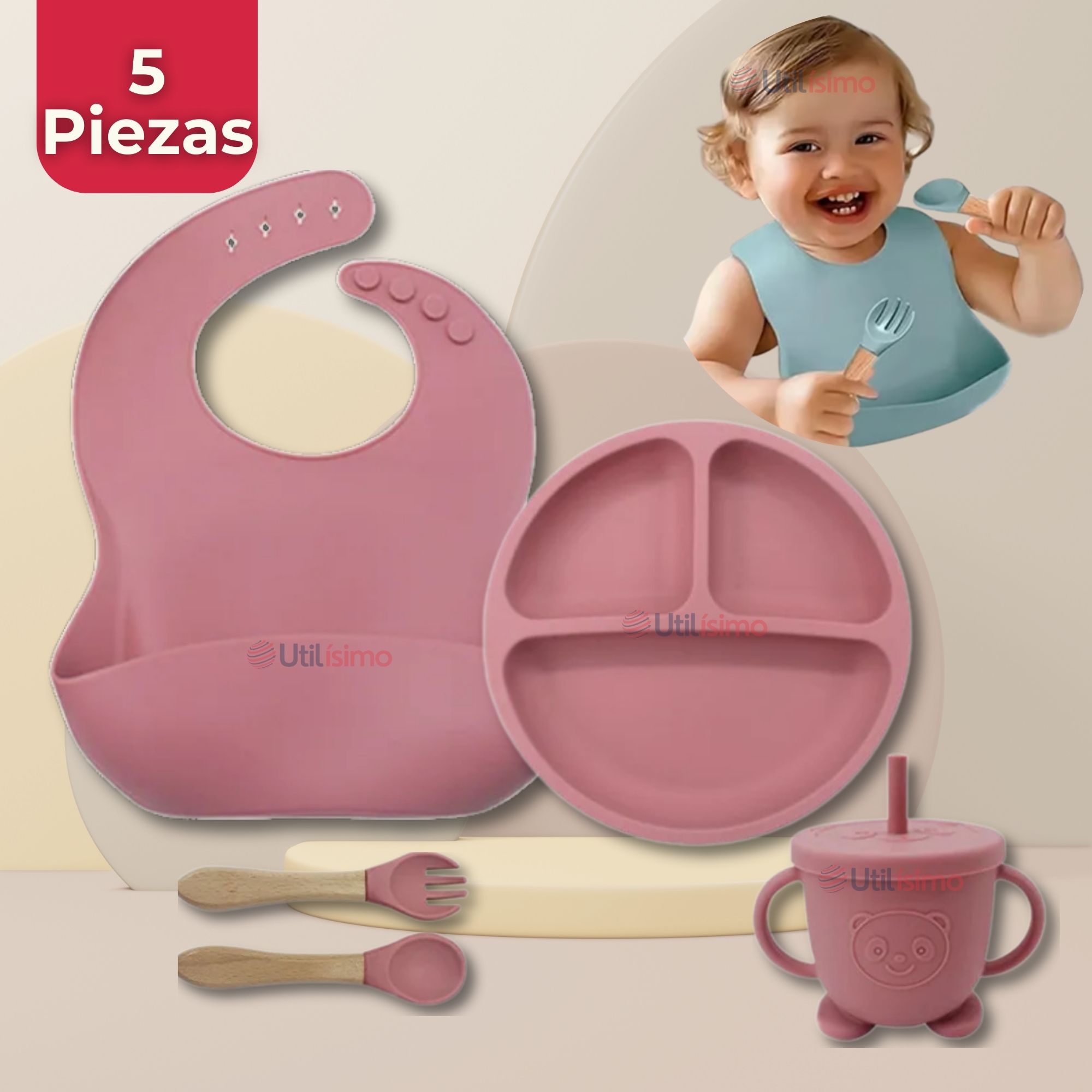 SET DE ALIMENTACIÓN BEBÉ SILICONA CON VASO 5 PIEZAS LIBRE BPA ROSA OSCURO - 1