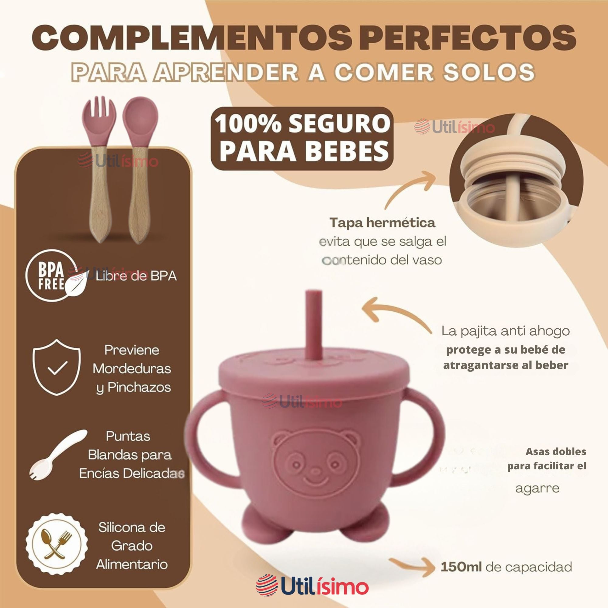 SET DE ALIMENTACIÓN BEBÉ SILICONA CON VASO 5 PIEZAS LIBRE BPA ROSA OSCURO - 3