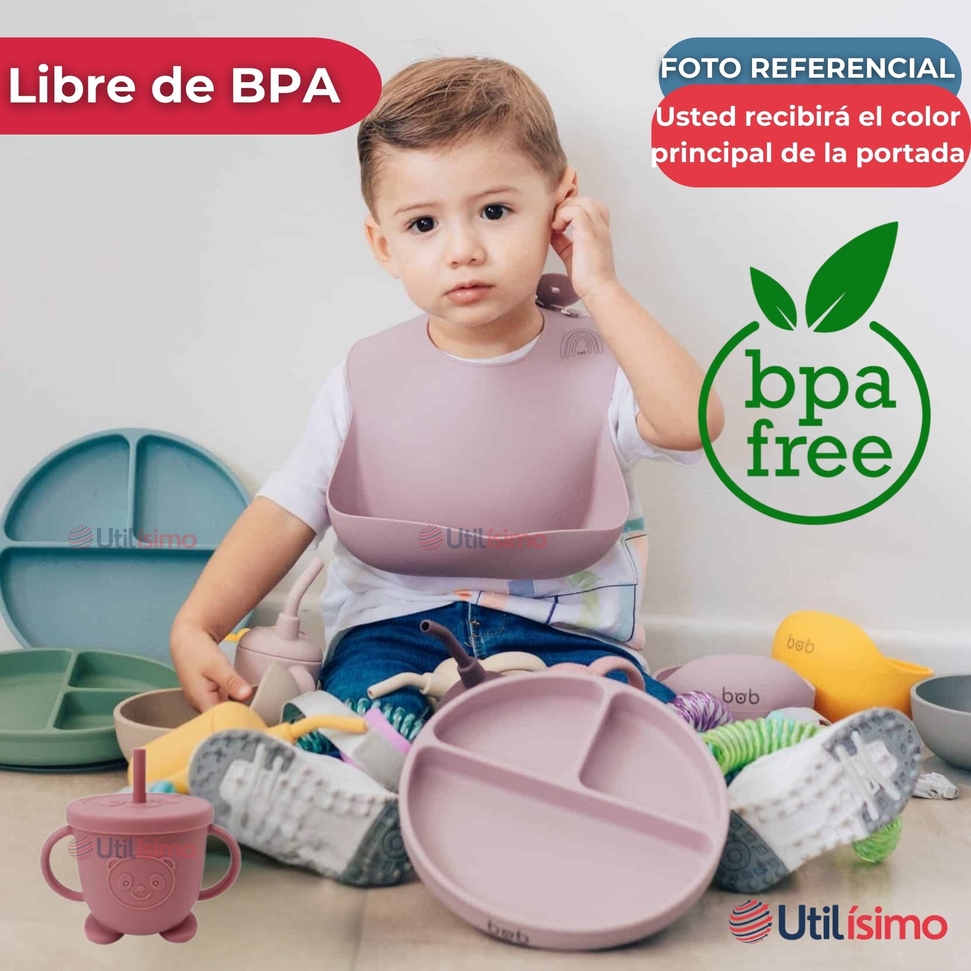 SET DE ALIMENTACIÓN BEBÉ SILICONA CON VASO 5 PIEZAS LIBRE BPA ROSA OSCURO - 5
