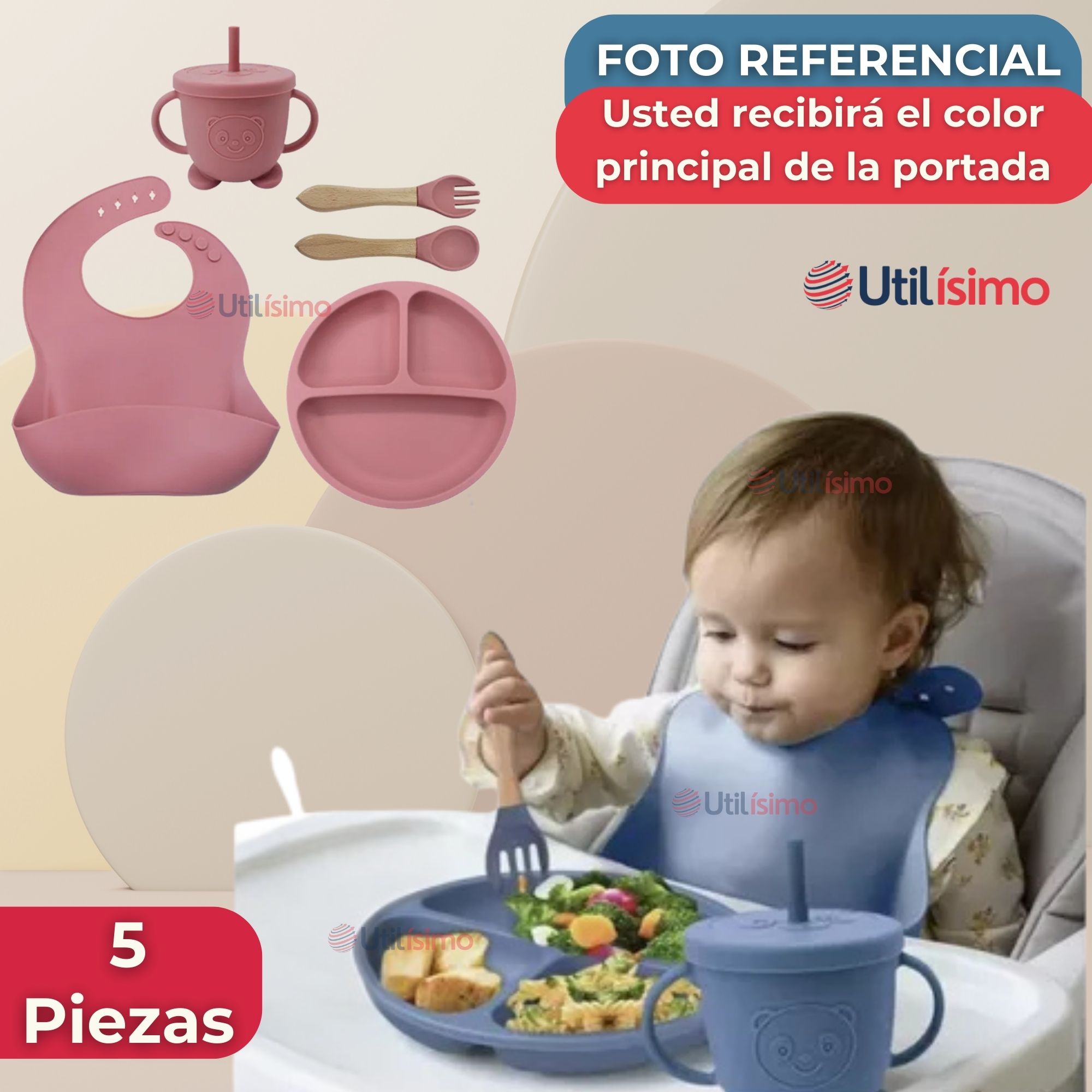 SET DE ALIMENTACIÓN BEBÉ SILICONA CON VASO 5 PIEZAS LIBRE BPA ROSA OSCURO - 8
