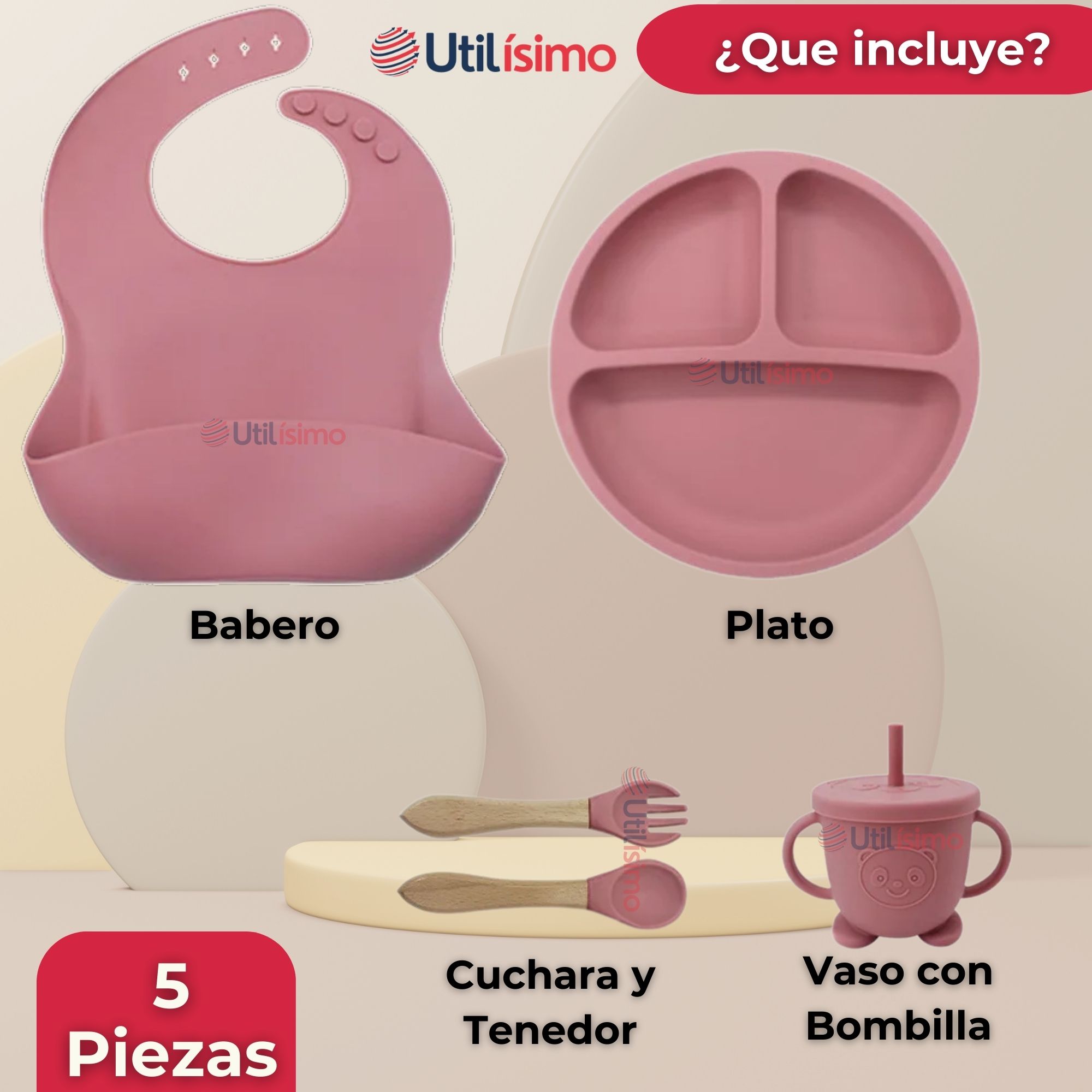 SET DE ALIMENTACIÓN BEBÉ SILICONA CON VASO 5 PIEZAS LIBRE BPA ROSA OSCURO - 9