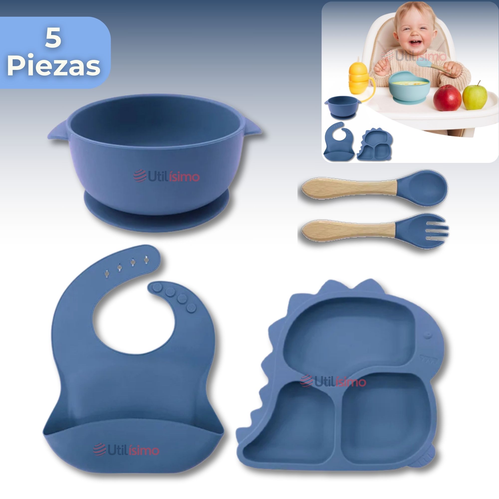 SET DE ALIMENTACIÓN BEBÉ SILICONA 5 PIEZAS DINOSAURIO LIBRE BPA AZUL - 1