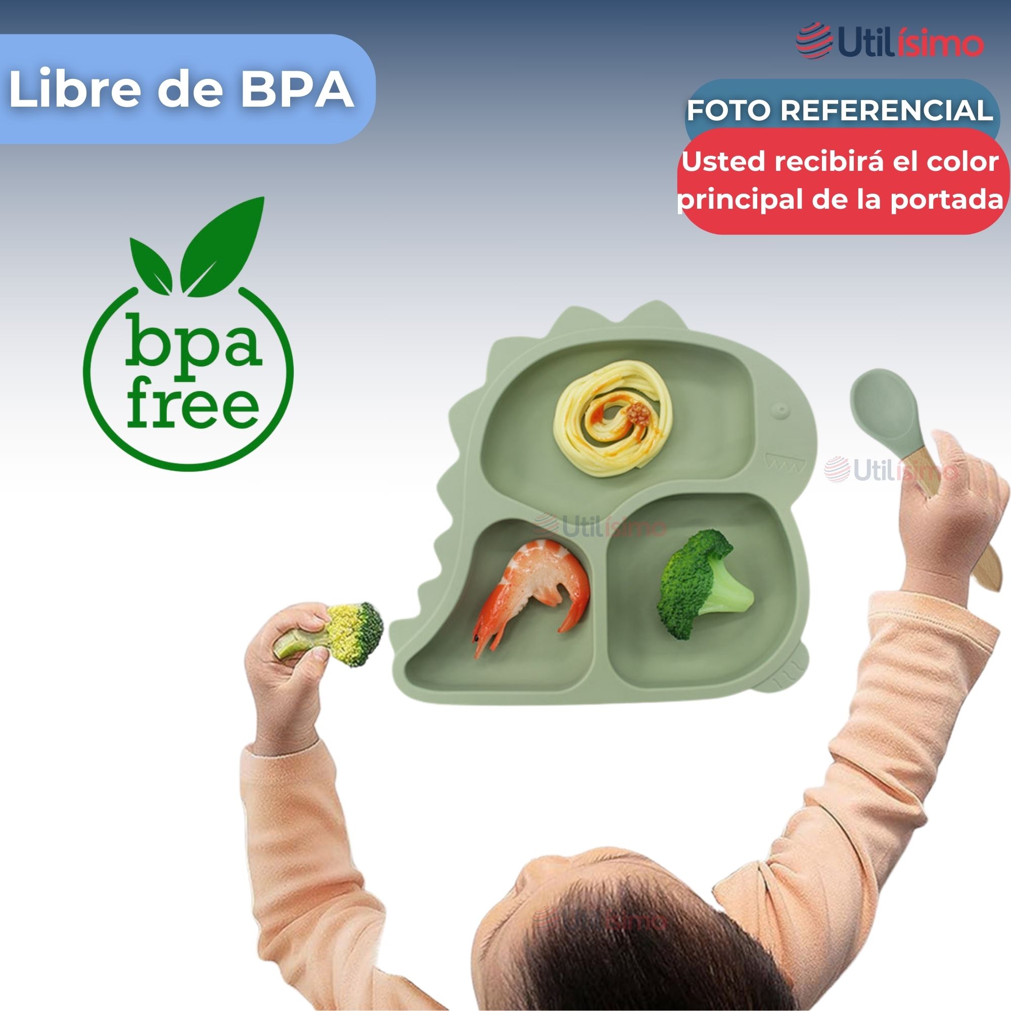 SET DE ALIMENTACIÓN BEBÉ SILICONA 5 PIEZAS DINOSAURIO LIBRE BPA AZUL - 2
