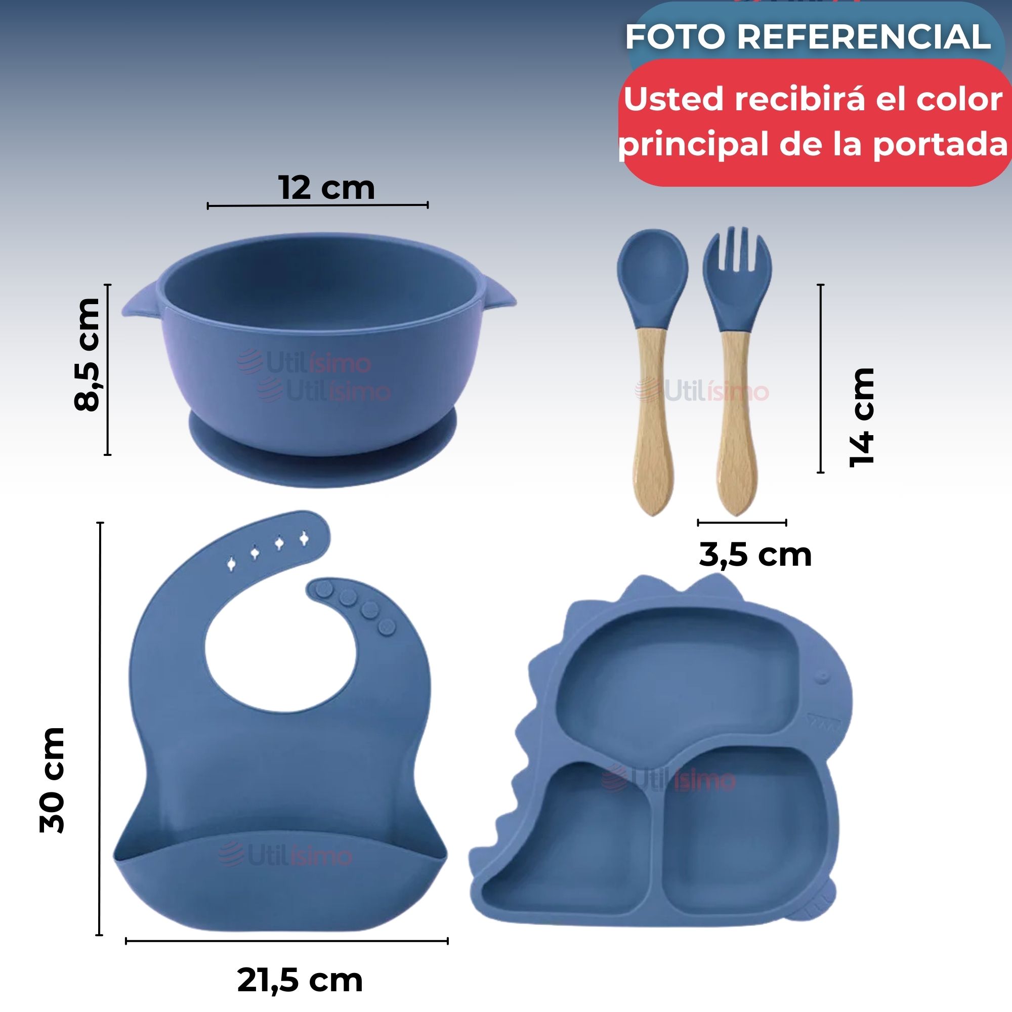 SET DE ALIMENTACIÓN BEBÉ SILICONA 5 PIEZAS DINOSAURIO LIBRE BPA AZUL - 3