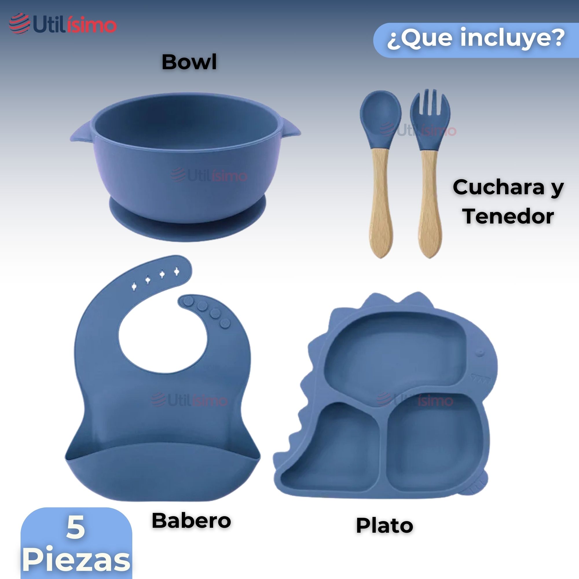 SET DE ALIMENTACIÓN BEBÉ SILICONA 5 PIEZAS DINOSAURIO LIBRE BPA AZUL - 5
