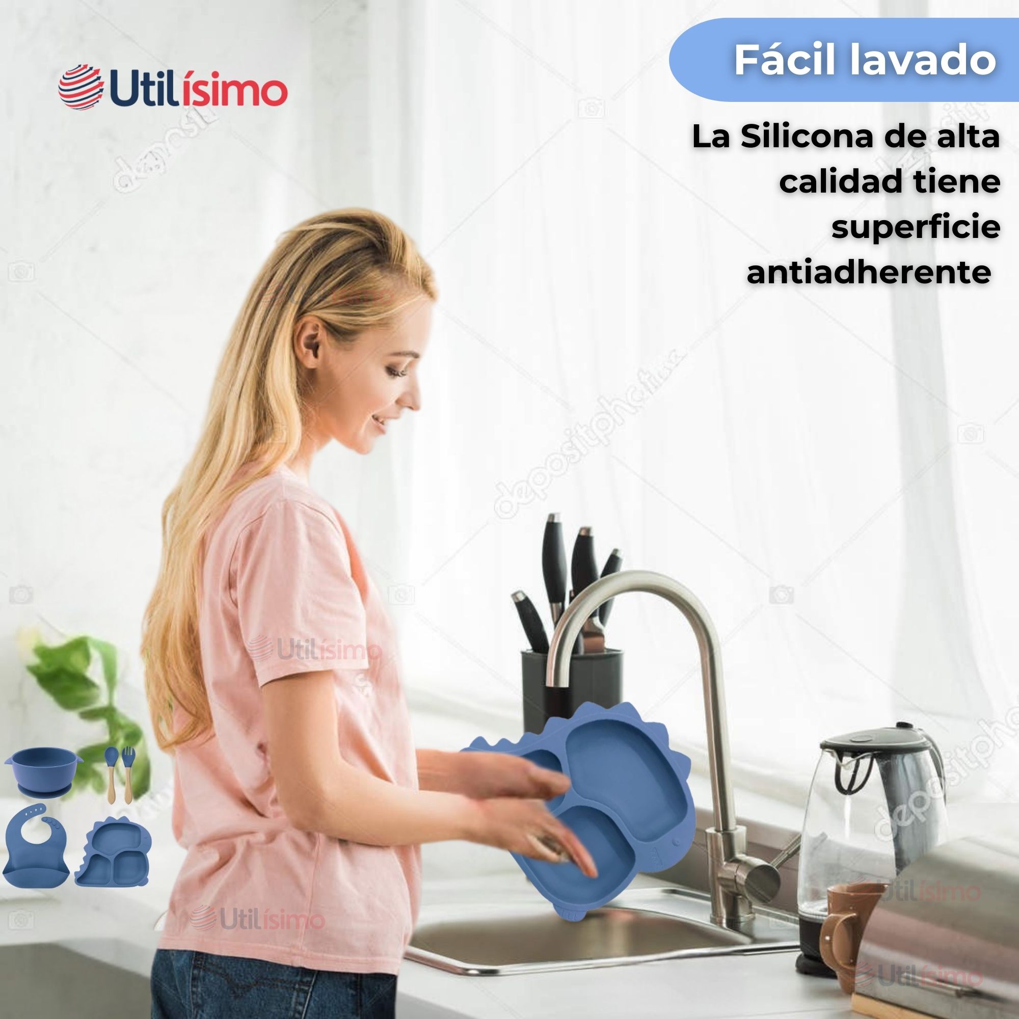 SET DE ALIMENTACIÓN BEBÉ SILICONA 5 PIEZAS DINOSAURIO LIBRE BPA AZUL - 6