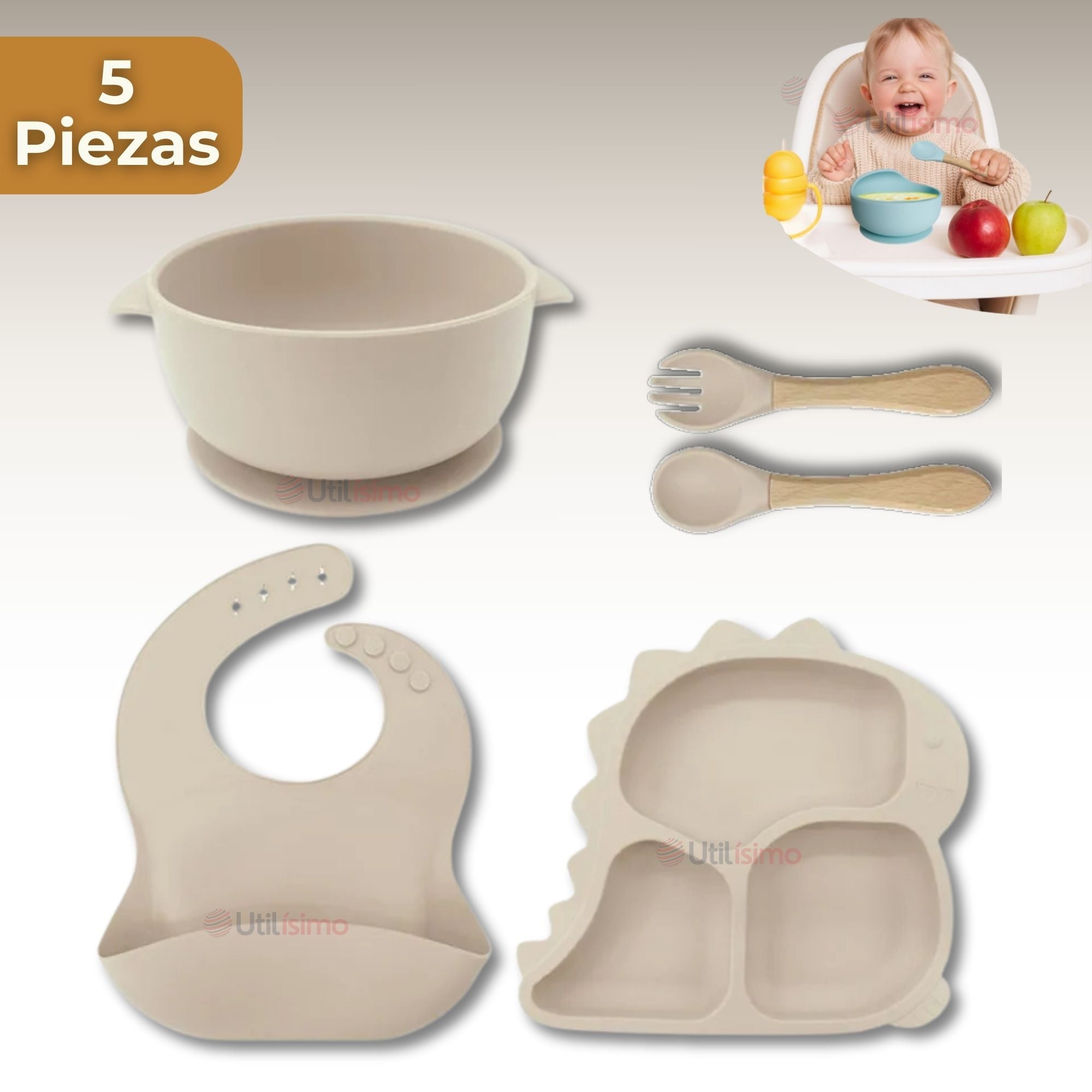 SET DE ALIMENTACIÓN BEBÉ SILICONA 5 PIEZAS DINOSAURIO LIBRE BPA BEIGE - 1