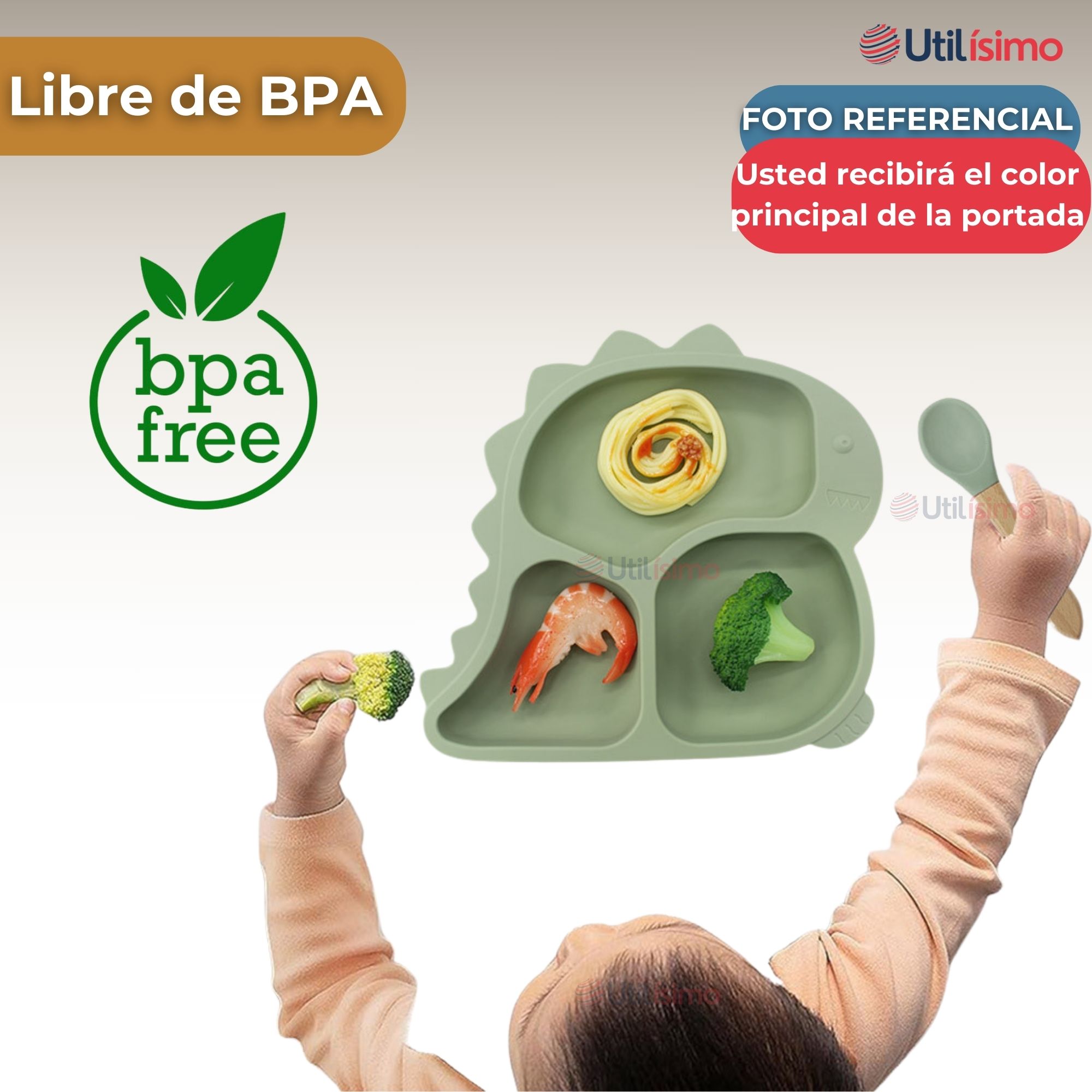 SET DE ALIMENTACIÓN BEBÉ SILICONA 5 PIEZAS DINOSAURIO LIBRE BPA BEIGE - 2
