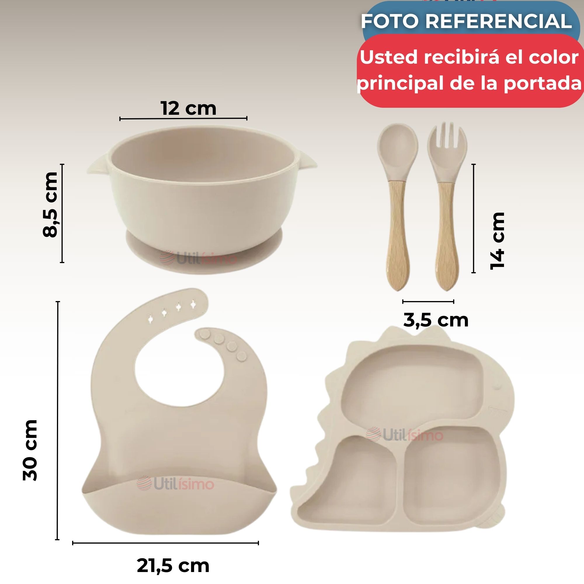 SET DE ALIMENTACIÓN BEBÉ SILICONA 5 PIEZAS DINOSAURIO LIBRE BPA BEIGE - 3