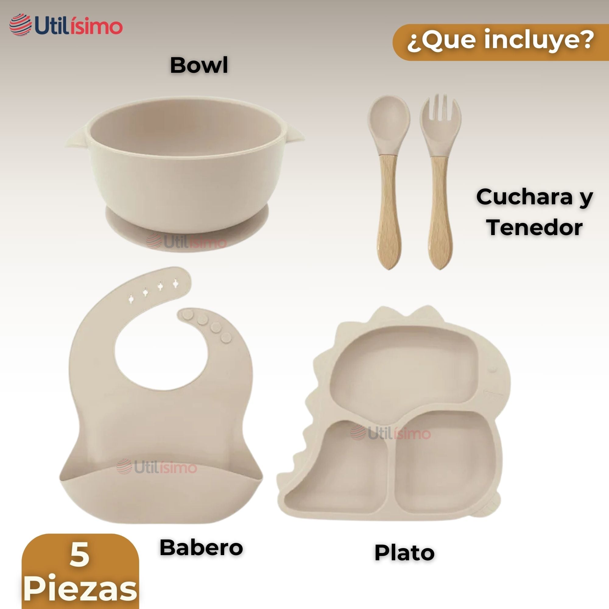 SET DE ALIMENTACIÓN BEBÉ SILICONA 5 PIEZAS DINOSAURIO LIBRE BPA BEIGE - 5