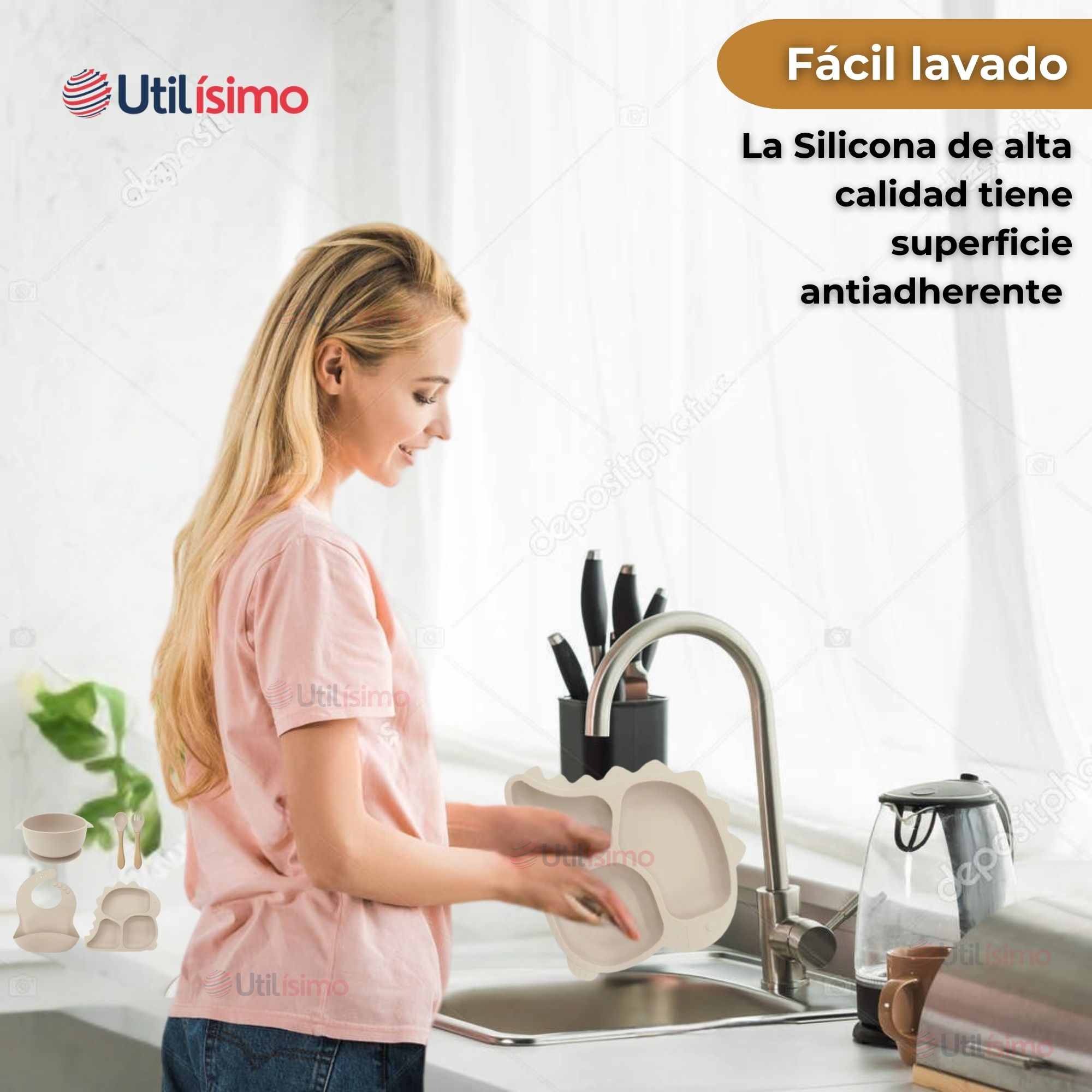 SET DE ALIMENTACIÓN BEBÉ SILICONA 5 PIEZAS DINOSAURIO LIBRE BPA BEIGE - 6