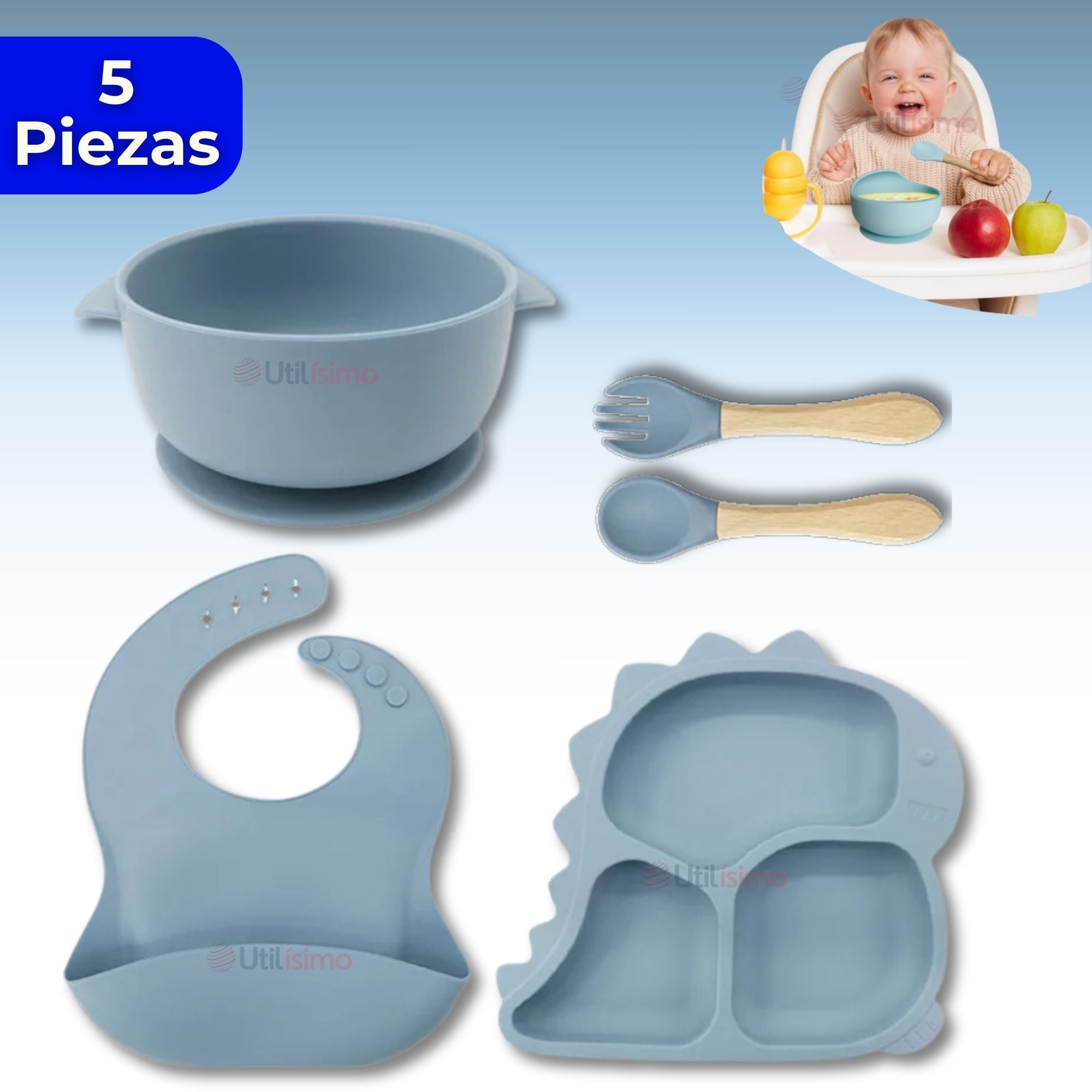 SET DE ALIMENTACIÓN BEBÉ SILICONA 5 PIEZAS DINOSAURIO LIBRE BPA CELESTE - 1