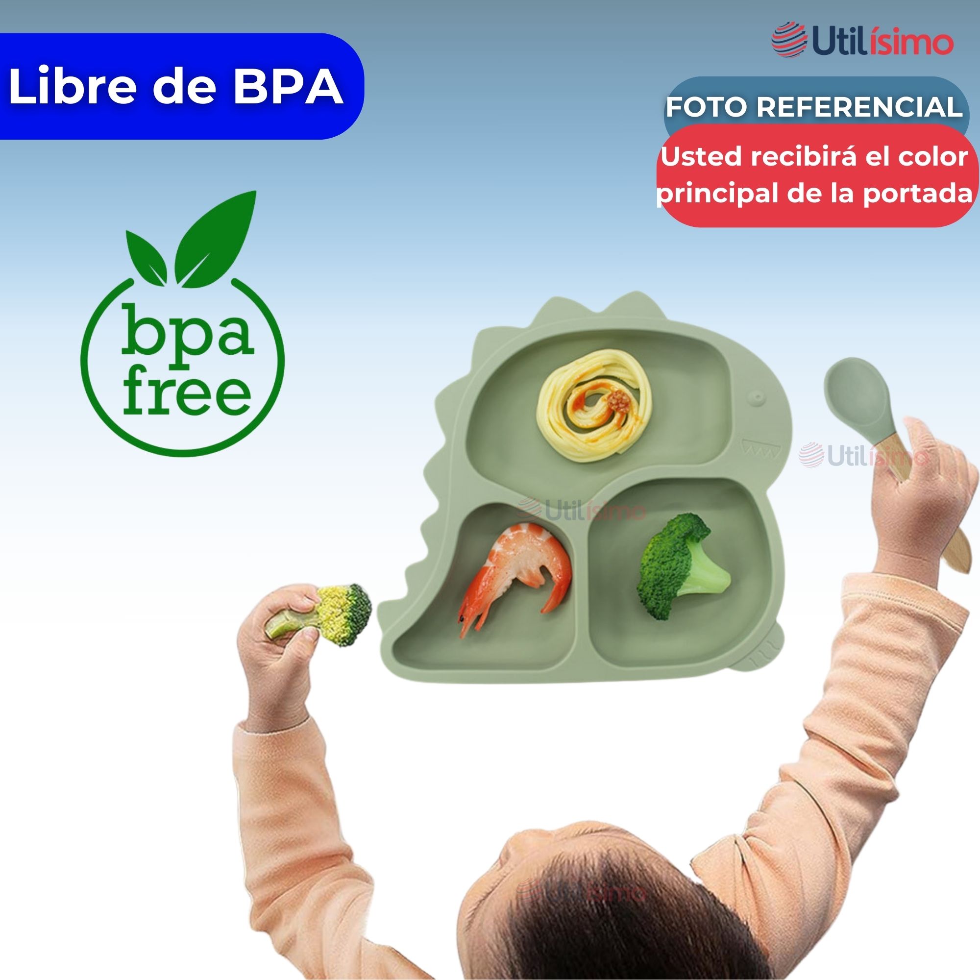 SET DE ALIMENTACIÓN BEBÉ SILICONA 5 PIEZAS DINOSAURIO LIBRE BPA CELESTE - 2