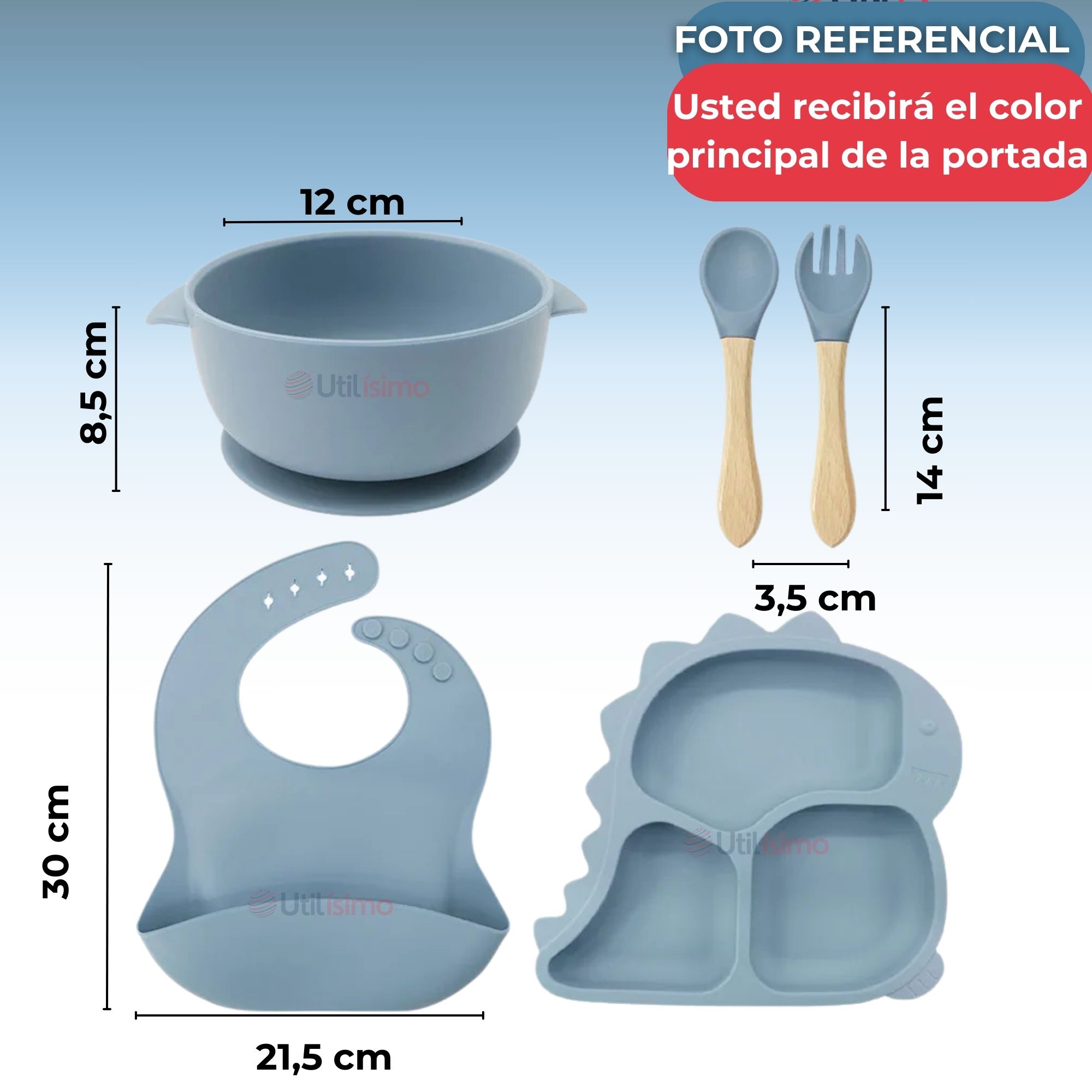 SET DE ALIMENTACIÓN BEBÉ SILICONA 5 PIEZAS DINOSAURIO LIBRE BPA CELESTE - 3