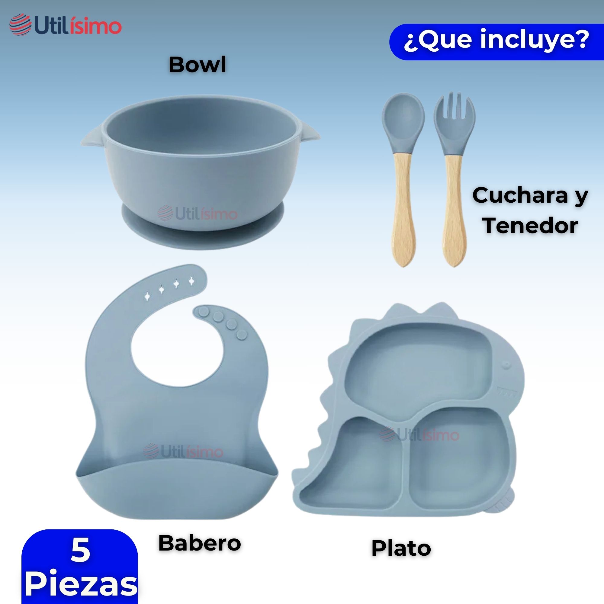 SET DE ALIMENTACIÓN BEBÉ SILICONA 5 PIEZAS DINOSAURIO LIBRE BPA CELESTE - 5