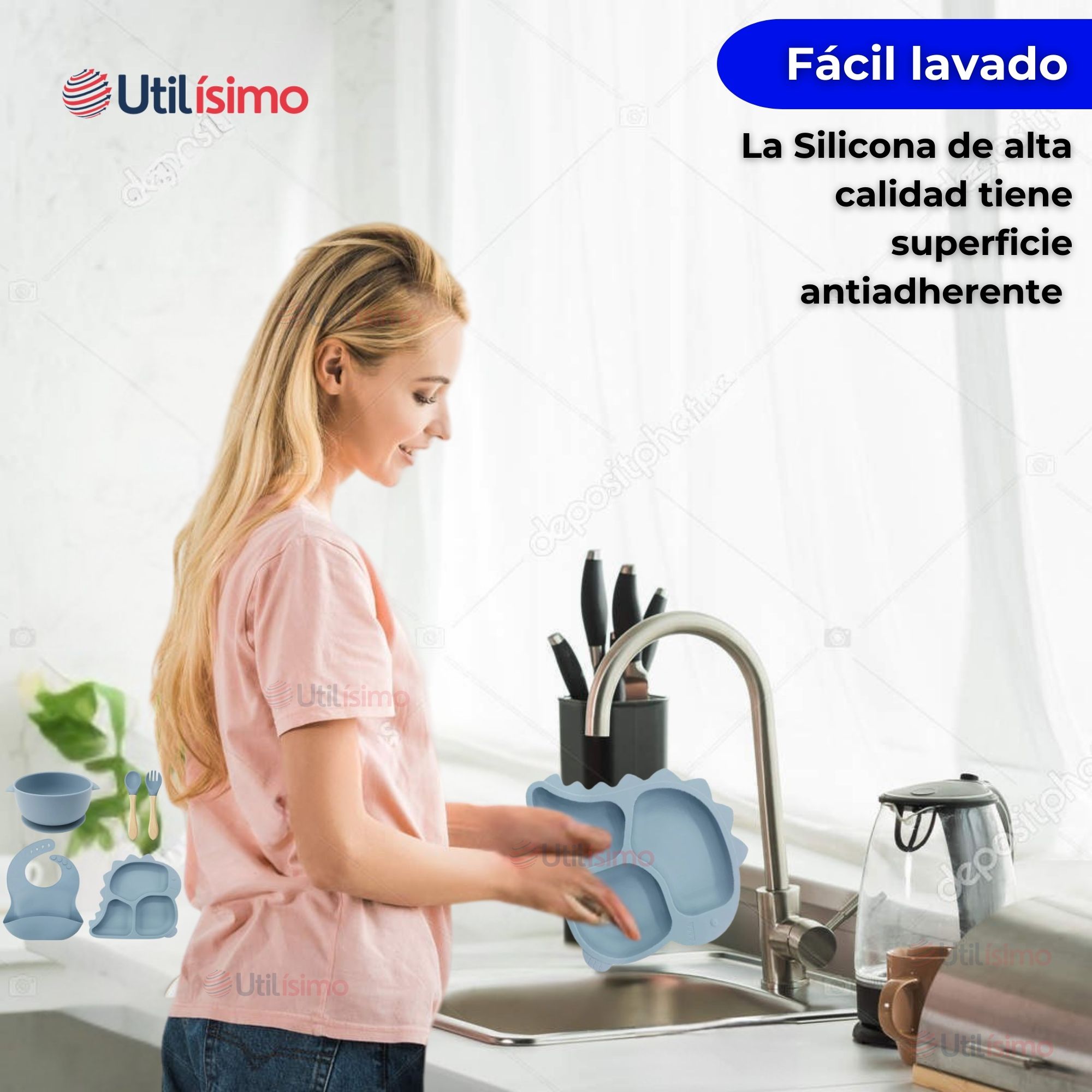 SET DE ALIMENTACIÓN BEBÉ SILICONA 5 PIEZAS DINOSAURIO LIBRE BPA CELESTE - 6