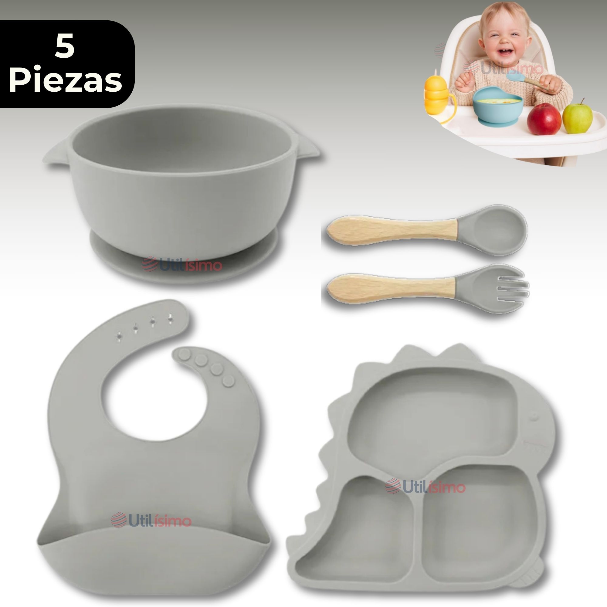 SET DE ALIMENTACIÓN BEBÉ SILICONA 5 PIEZAS DINOSAURIO LIBRE BPA GRIS - 1