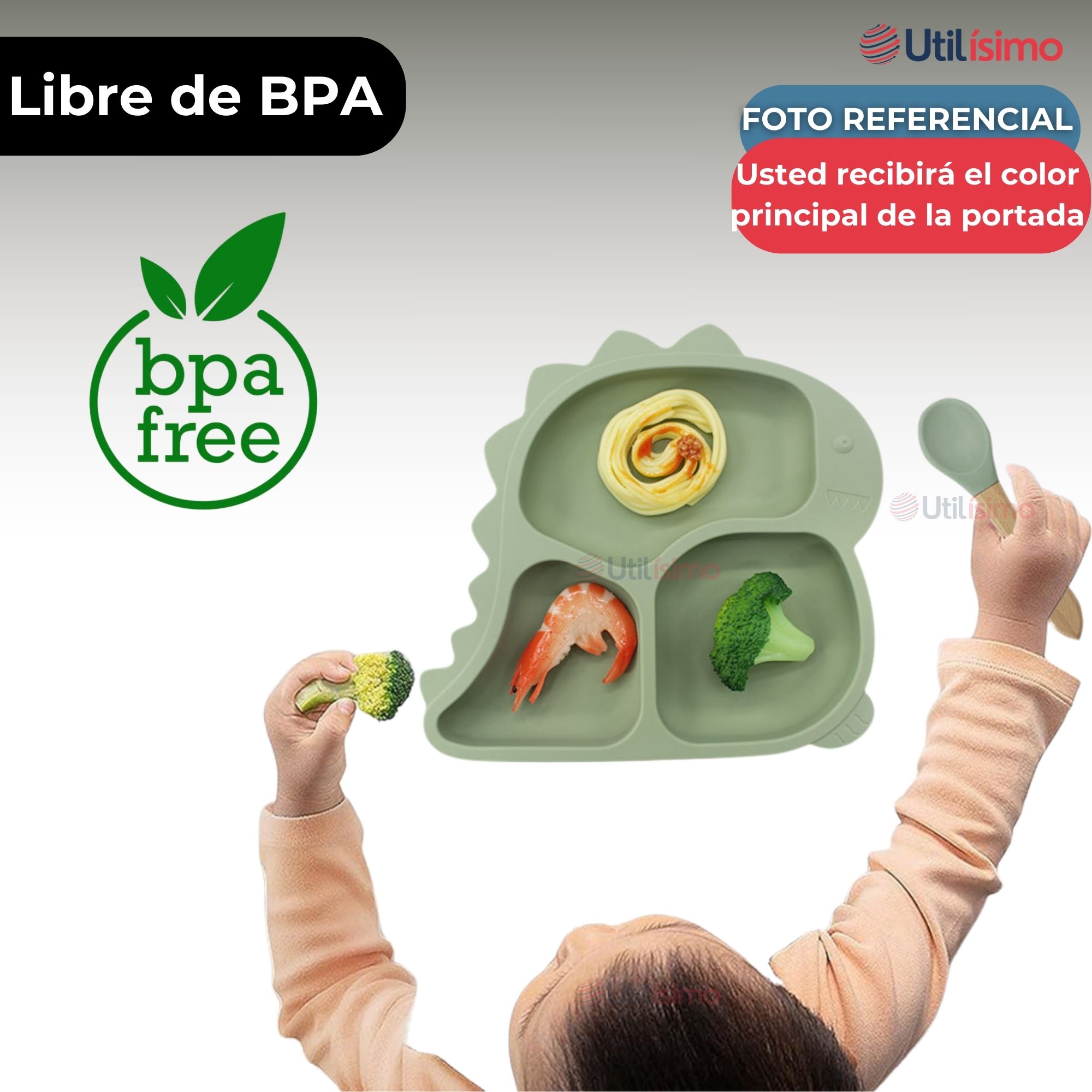 SET DE ALIMENTACIÓN BEBÉ SILICONA 5 PIEZAS DINOSAURIO LIBRE BPA GRIS - 2
