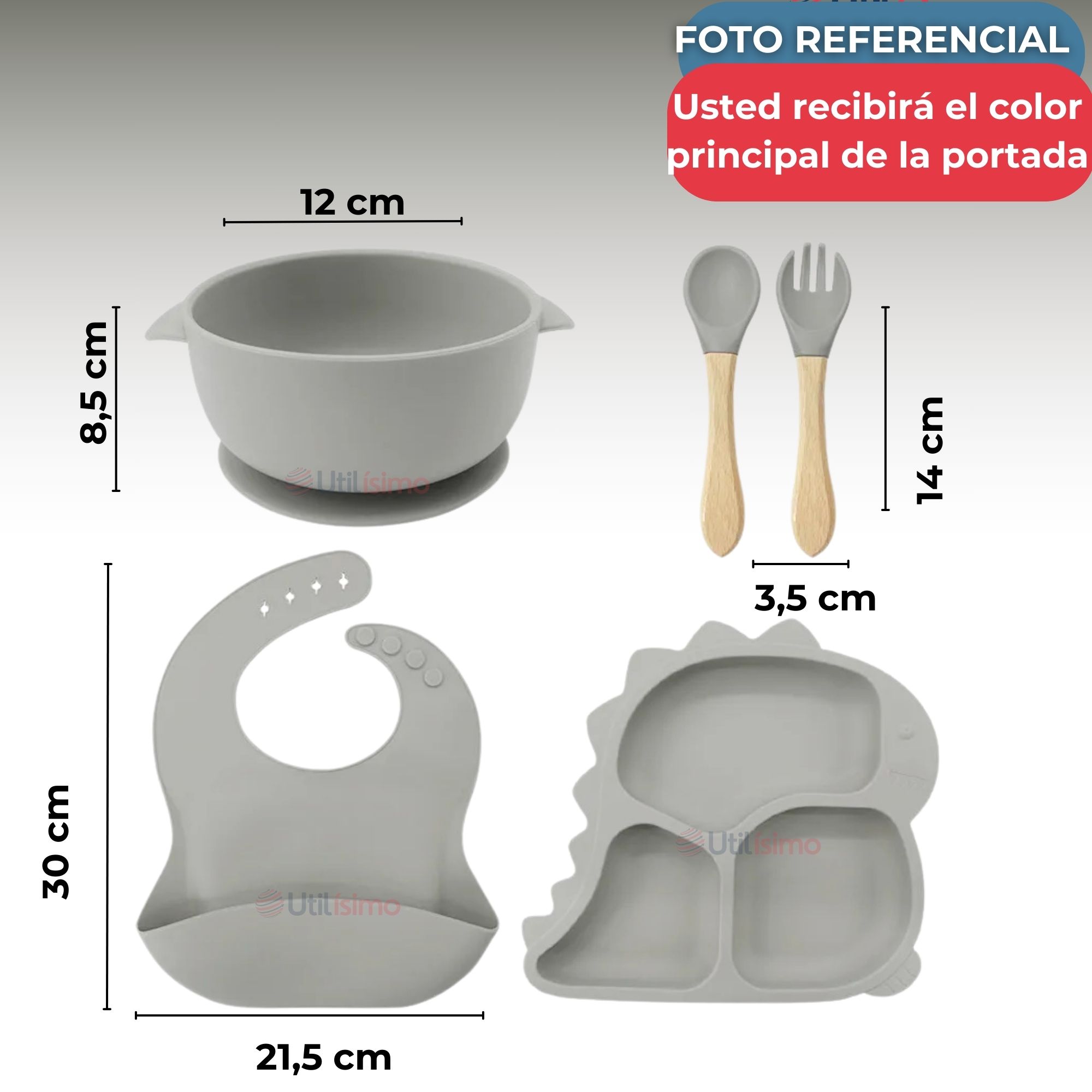 SET DE ALIMENTACIÓN BEBÉ SILICONA 5 PIEZAS DINOSAURIO LIBRE BPA GRIS - 3