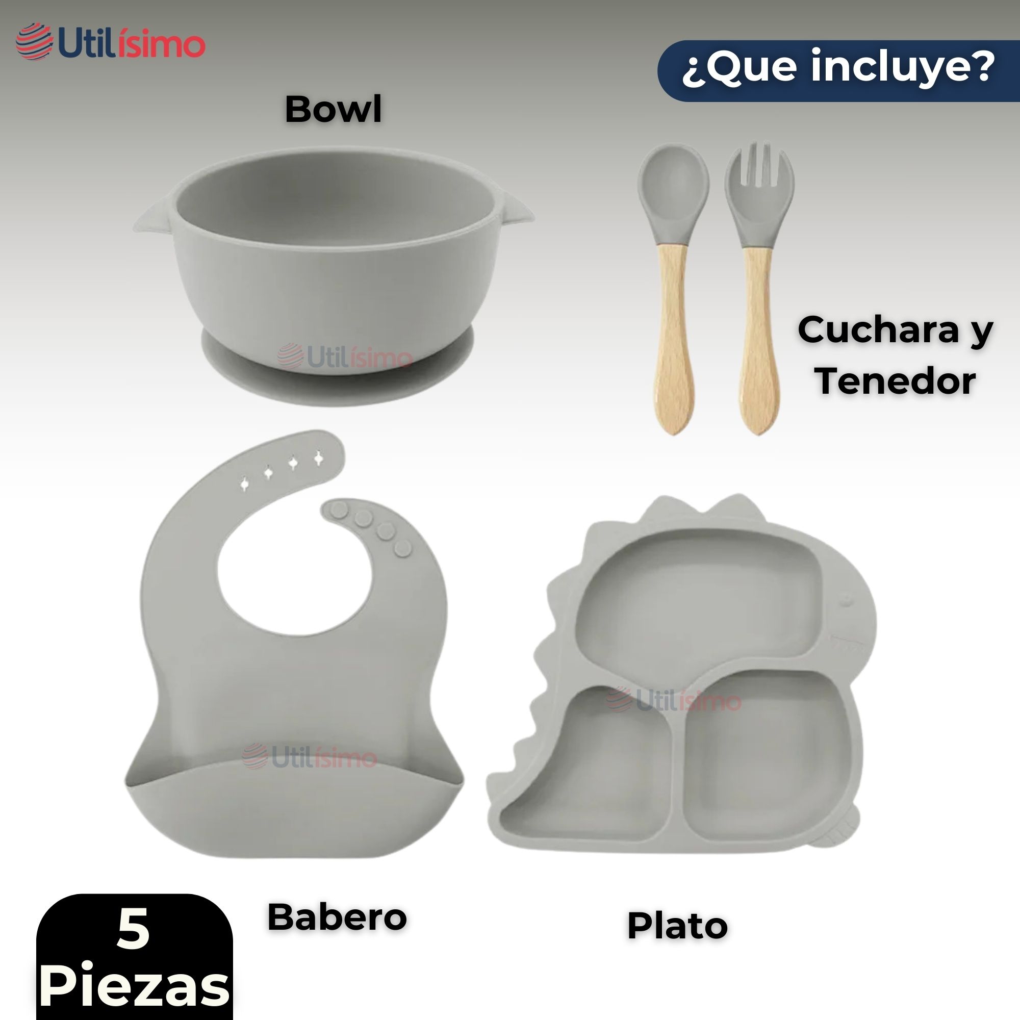 SET DE ALIMENTACIÓN BEBÉ SILICONA 5 PIEZAS DINOSAURIO LIBRE BPA GRIS - 5