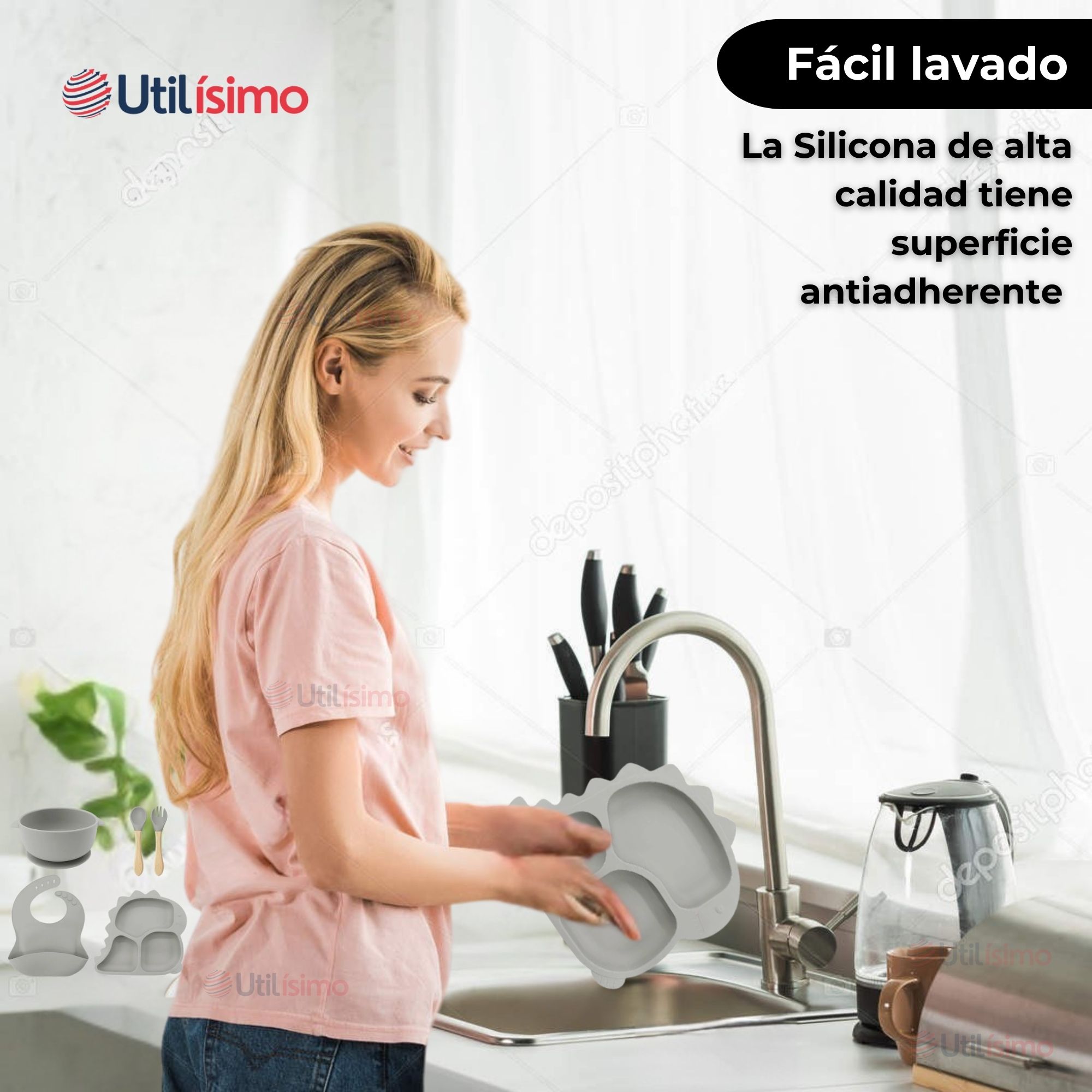 SET DE ALIMENTACIÓN BEBÉ SILICONA 5 PIEZAS DINOSAURIO LIBRE BPA GRIS - 6