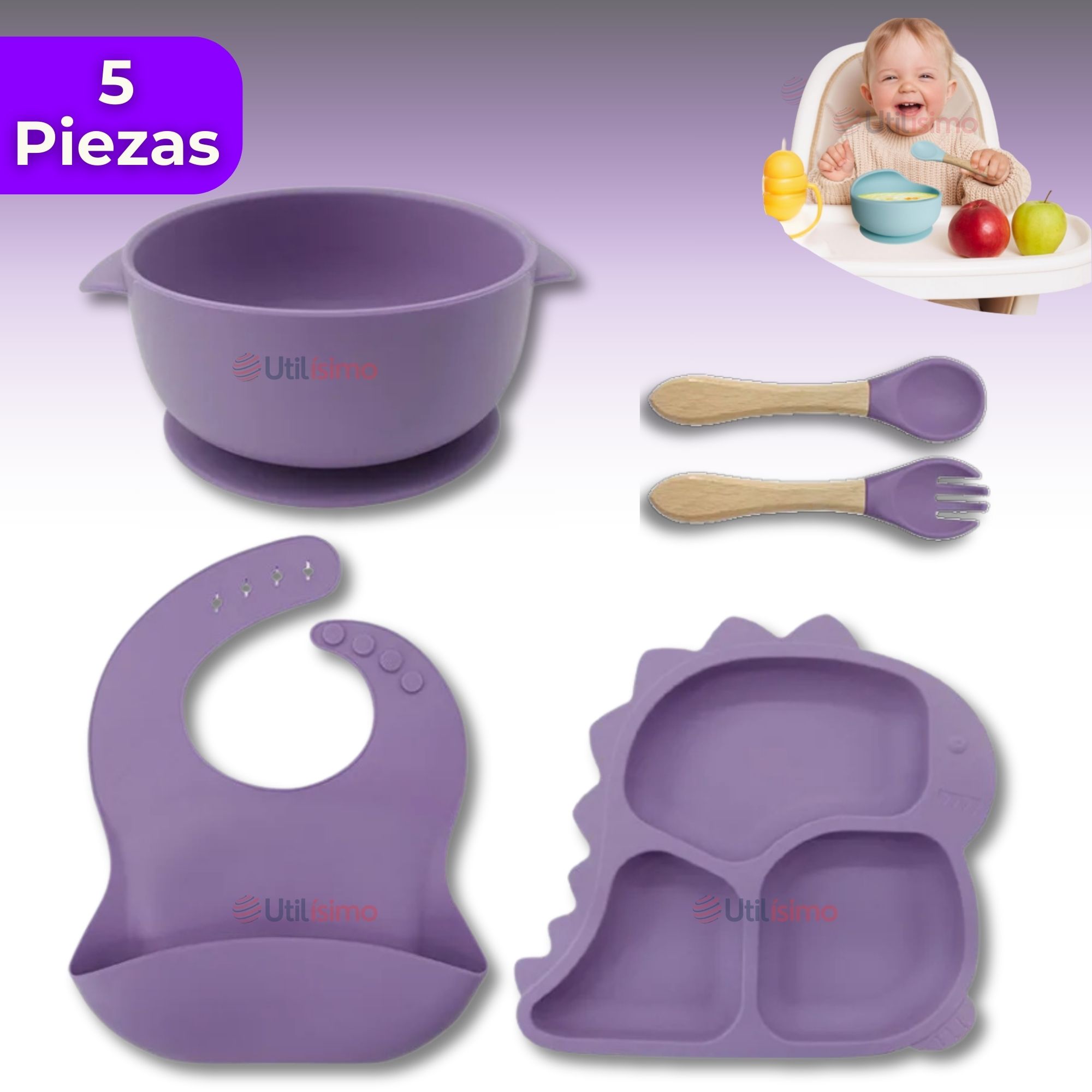 SET DE ALIMENTACIÓN BEBÉ SILICONA 5 PIEZAS DINOSAURIO LIBRE BPA LILA - 1