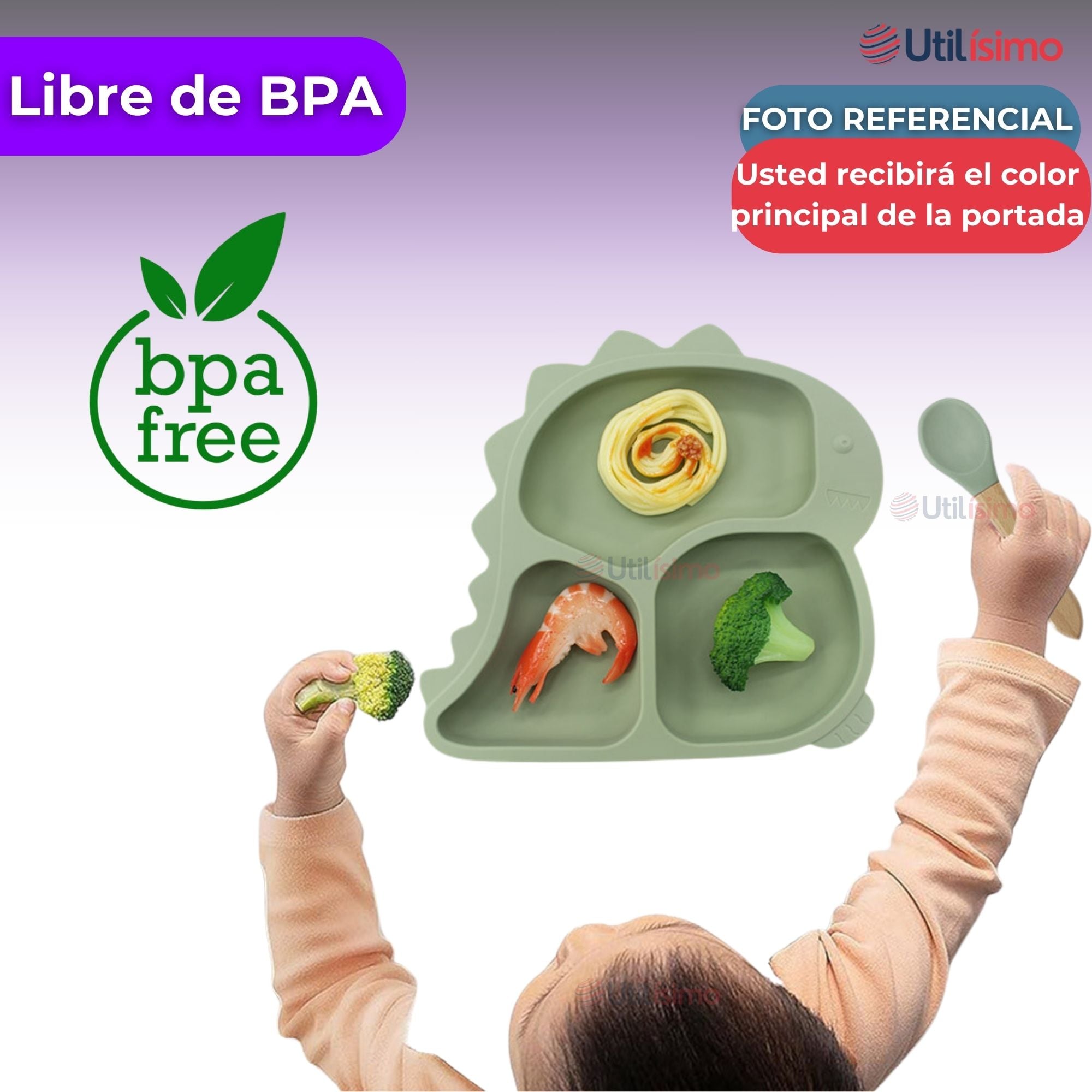 SET DE ALIMENTACIÓN BEBÉ SILICONA 5 PIEZAS DINOSAURIO LIBRE BPA LILA - 2