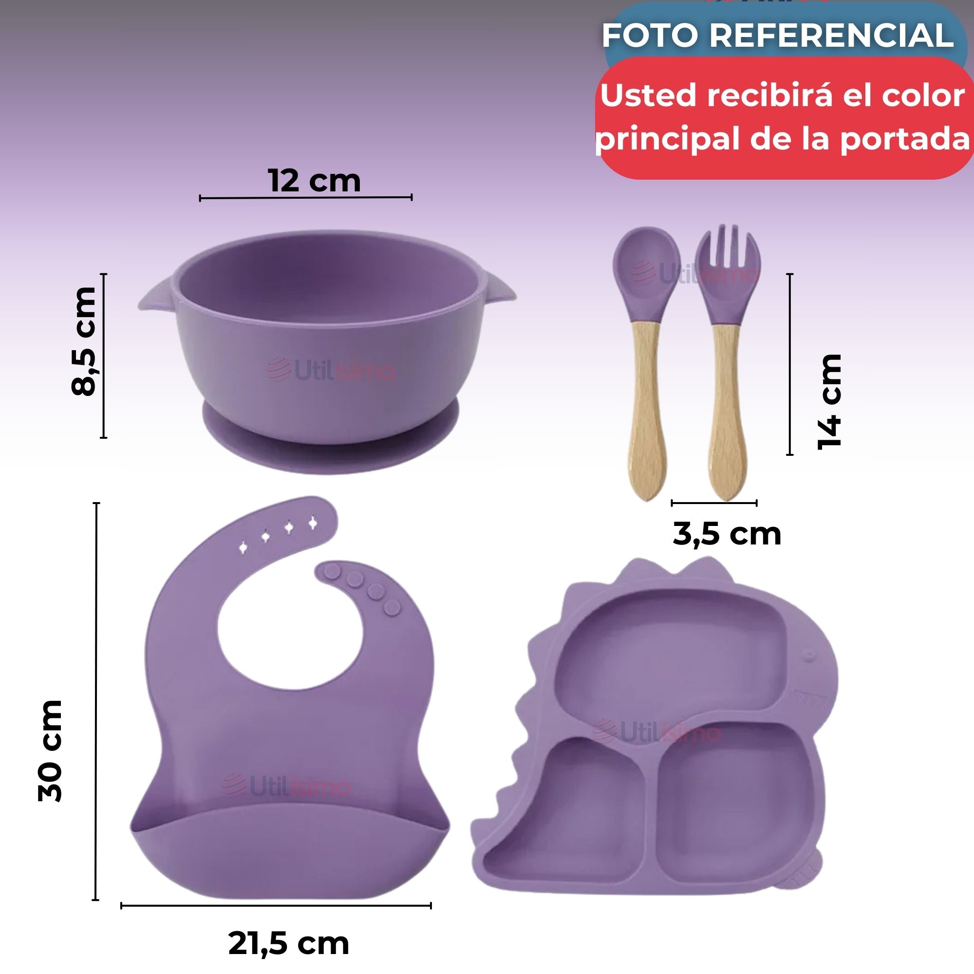 SET DE ALIMENTACIÓN BEBÉ SILICONA 5 PIEZAS DINOSAURIO LIBRE BPA LILA - 3