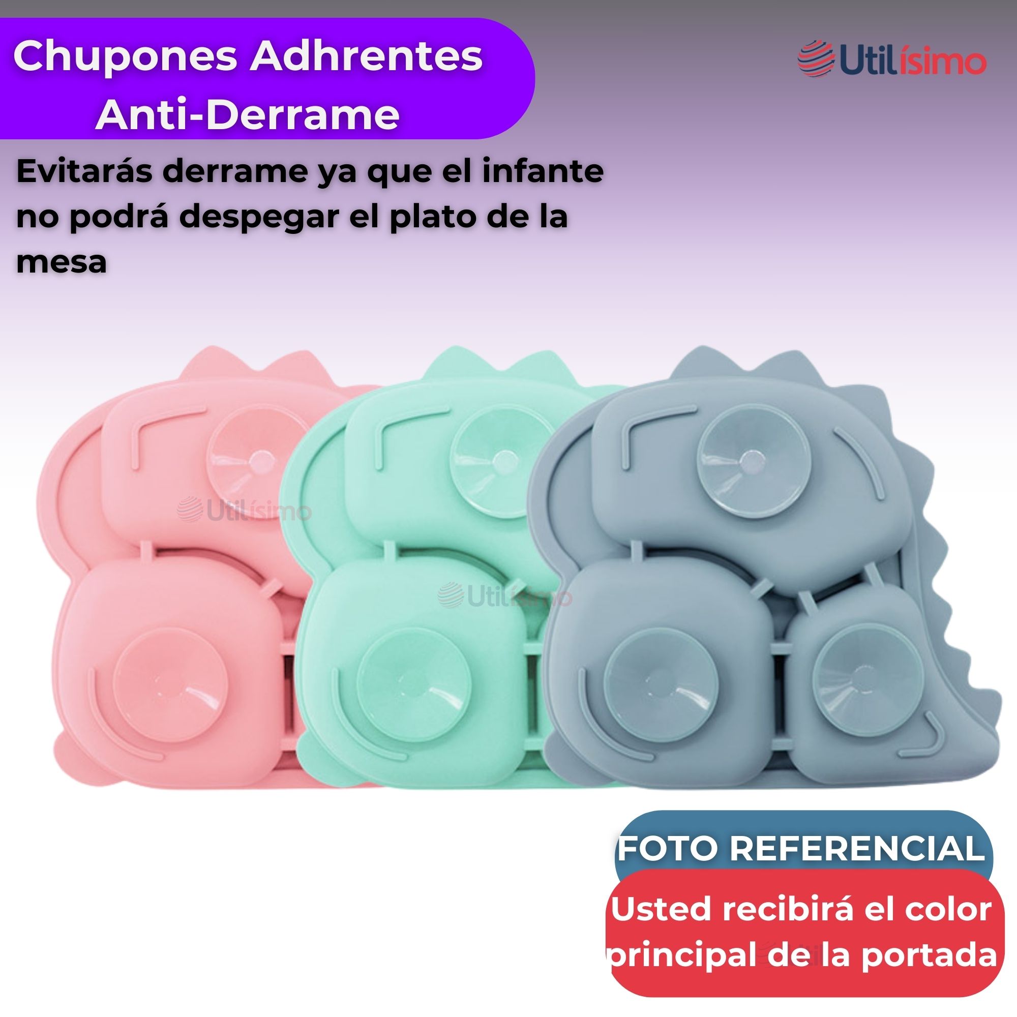 SET DE ALIMENTACIÓN BEBÉ SILICONA 5 PIEZAS DINOSAURIO LIBRE BPA LILA - 4