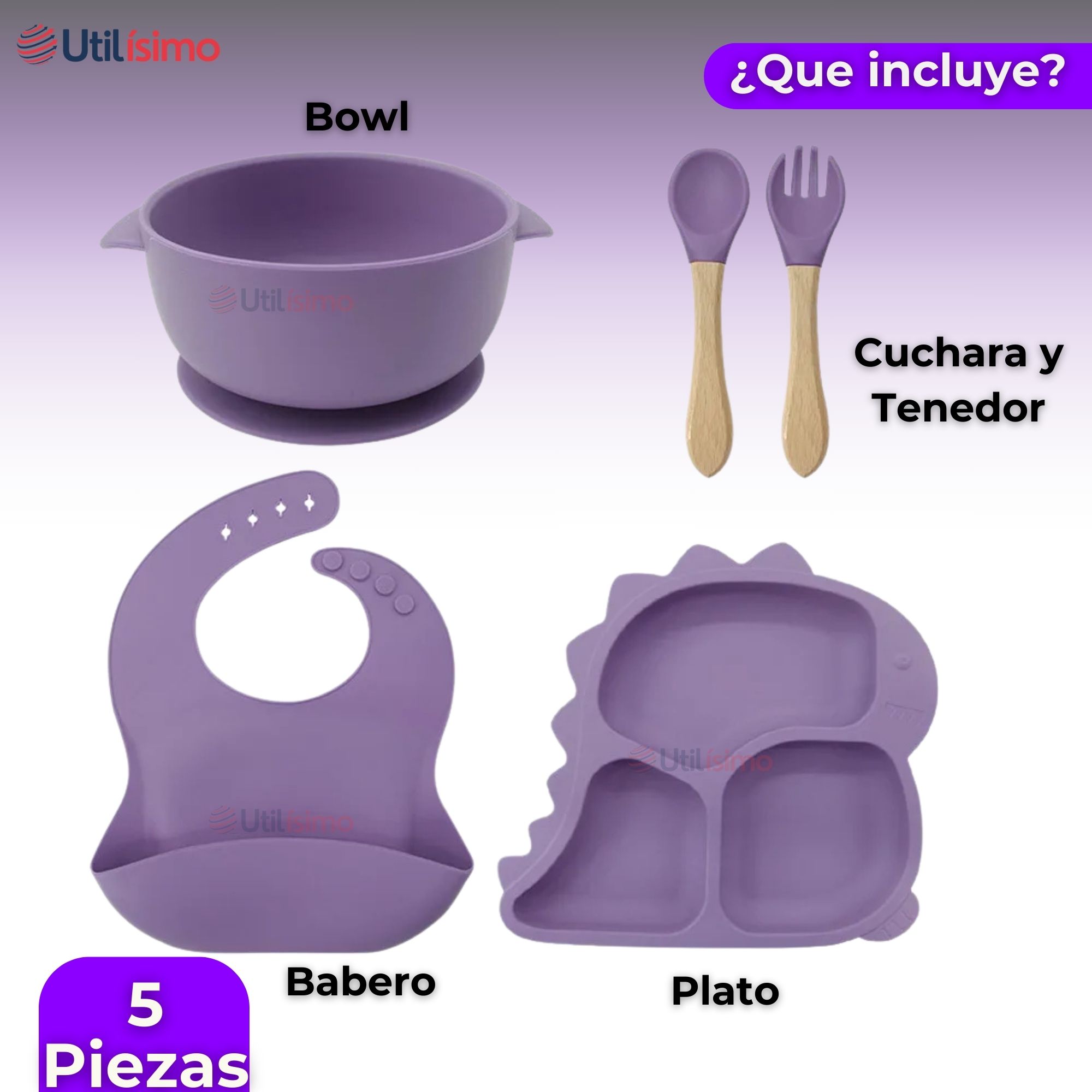 SET DE ALIMENTACIÓN BEBÉ SILICONA 5 PIEZAS DINOSAURIO LIBRE BPA LILA - 5