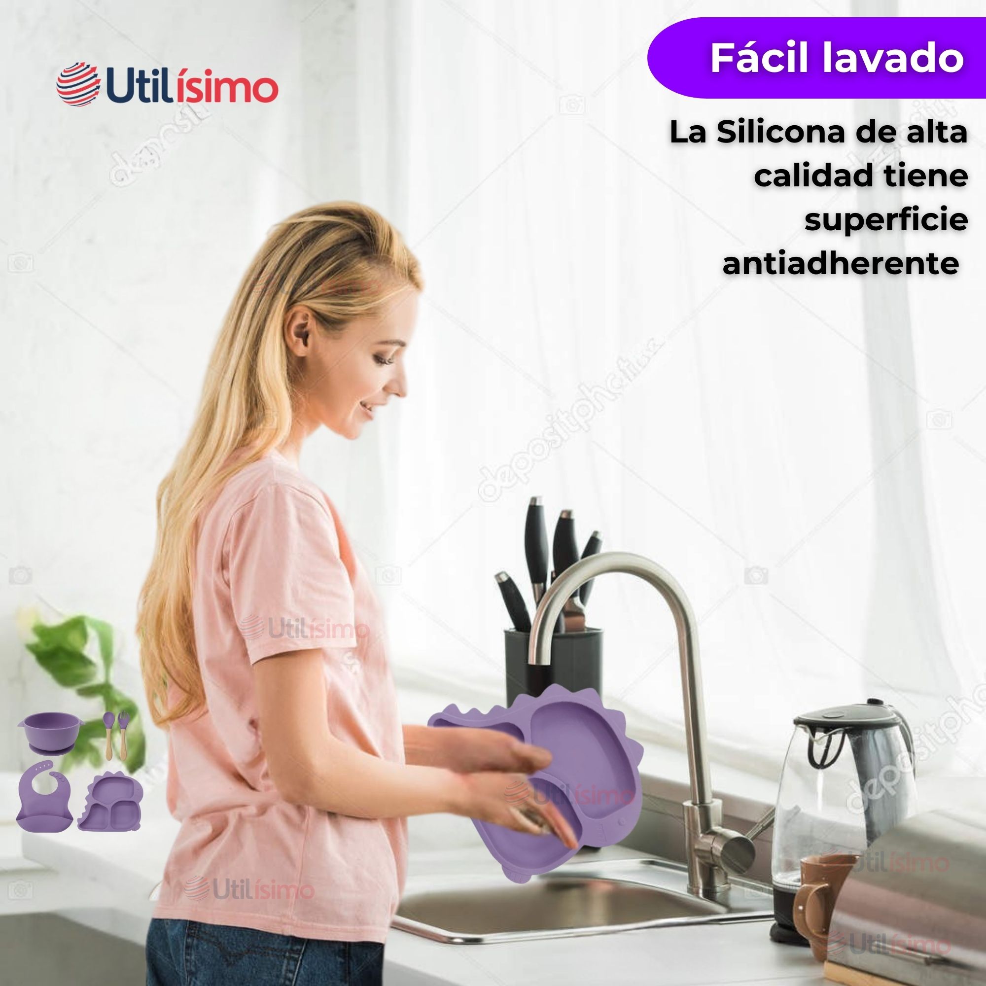 SET DE ALIMENTACIÓN BEBÉ SILICONA 5 PIEZAS DINOSAURIO LIBRE BPA LILA - 6