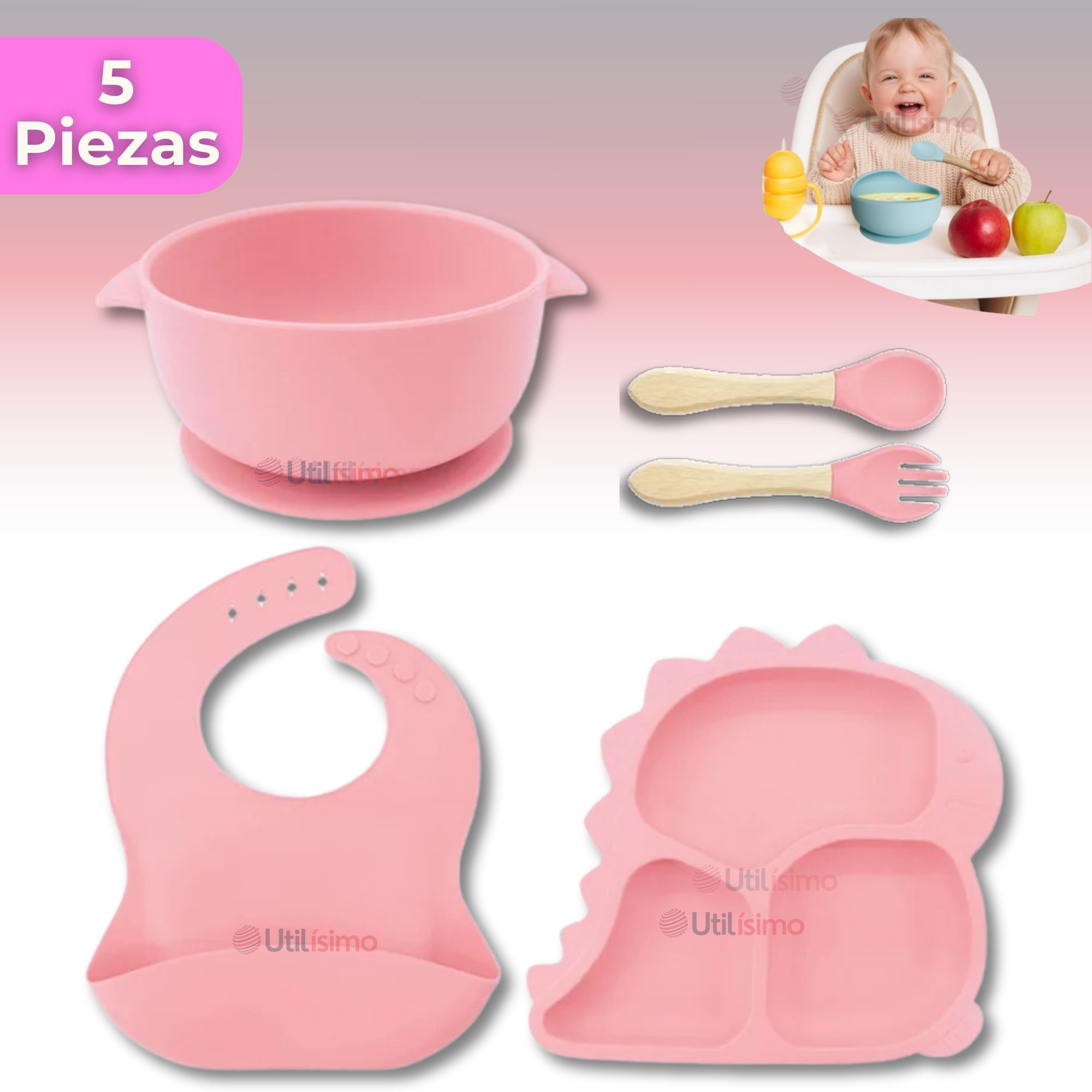 SET DE ALIMENTACIÓN BEBÉ SILICONA 5 PIEZAS DINOSAURIO LIBRE BPA ROSA CLARO - 1
