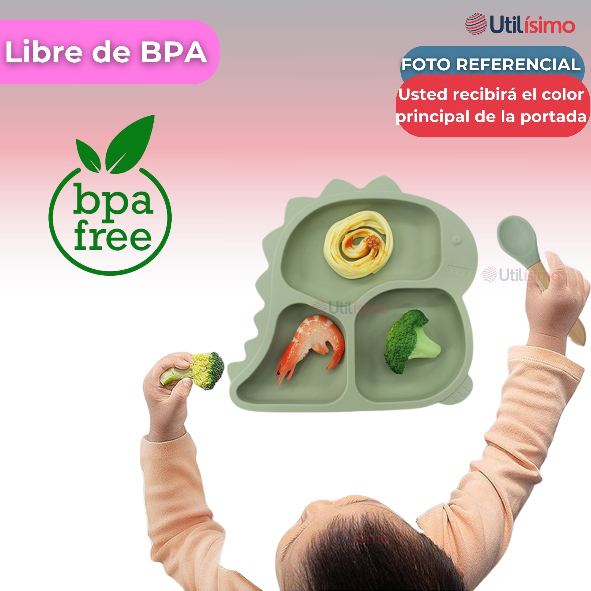 SET DE ALIMENTACIÓN BEBÉ SILICONA 5 PIEZAS DINOSAURIO LIBRE BPA ROSA CLARO - 2