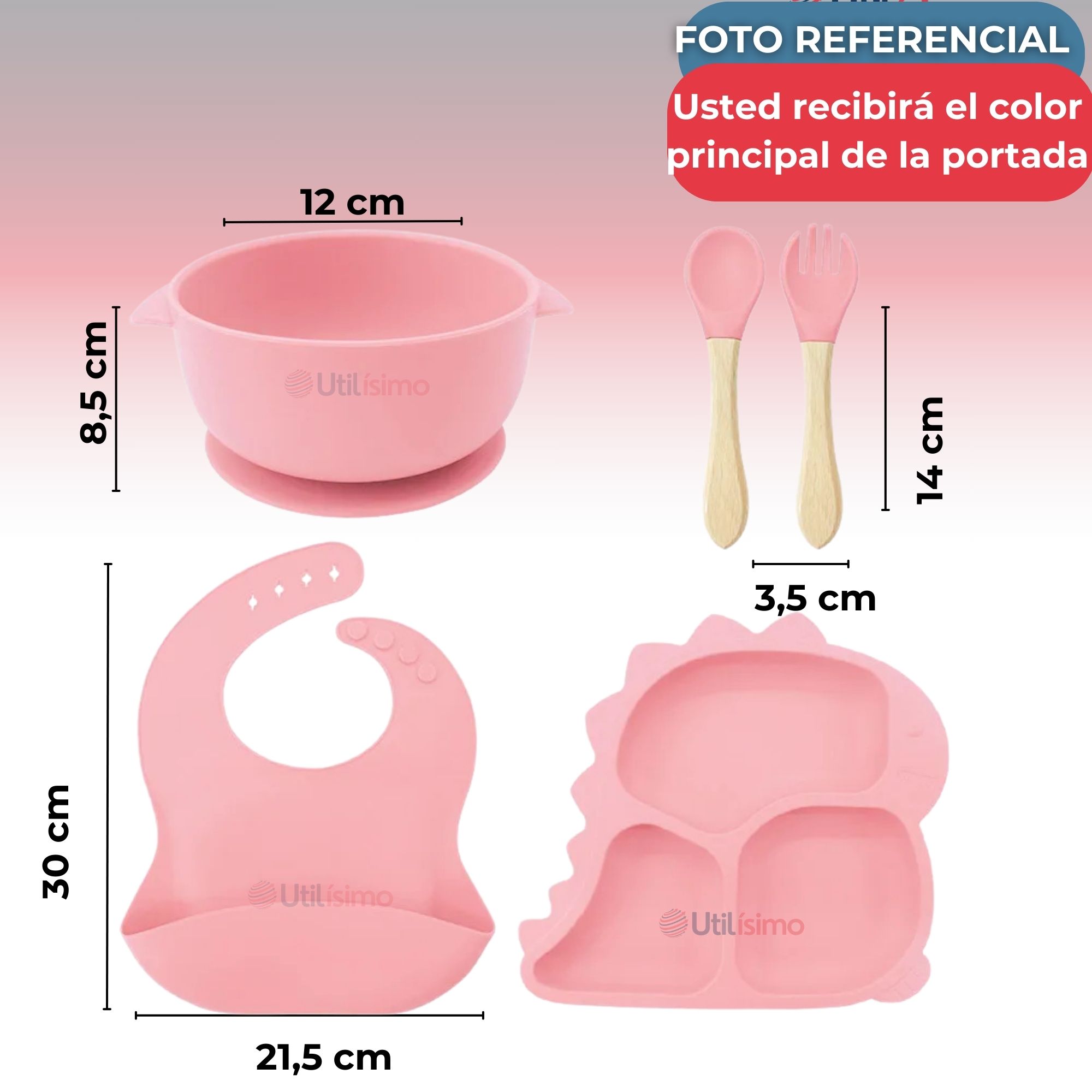 SET DE ALIMENTACIÓN BEBÉ SILICONA 5 PIEZAS DINOSAURIO LIBRE BPA ROSA CLARO - 3