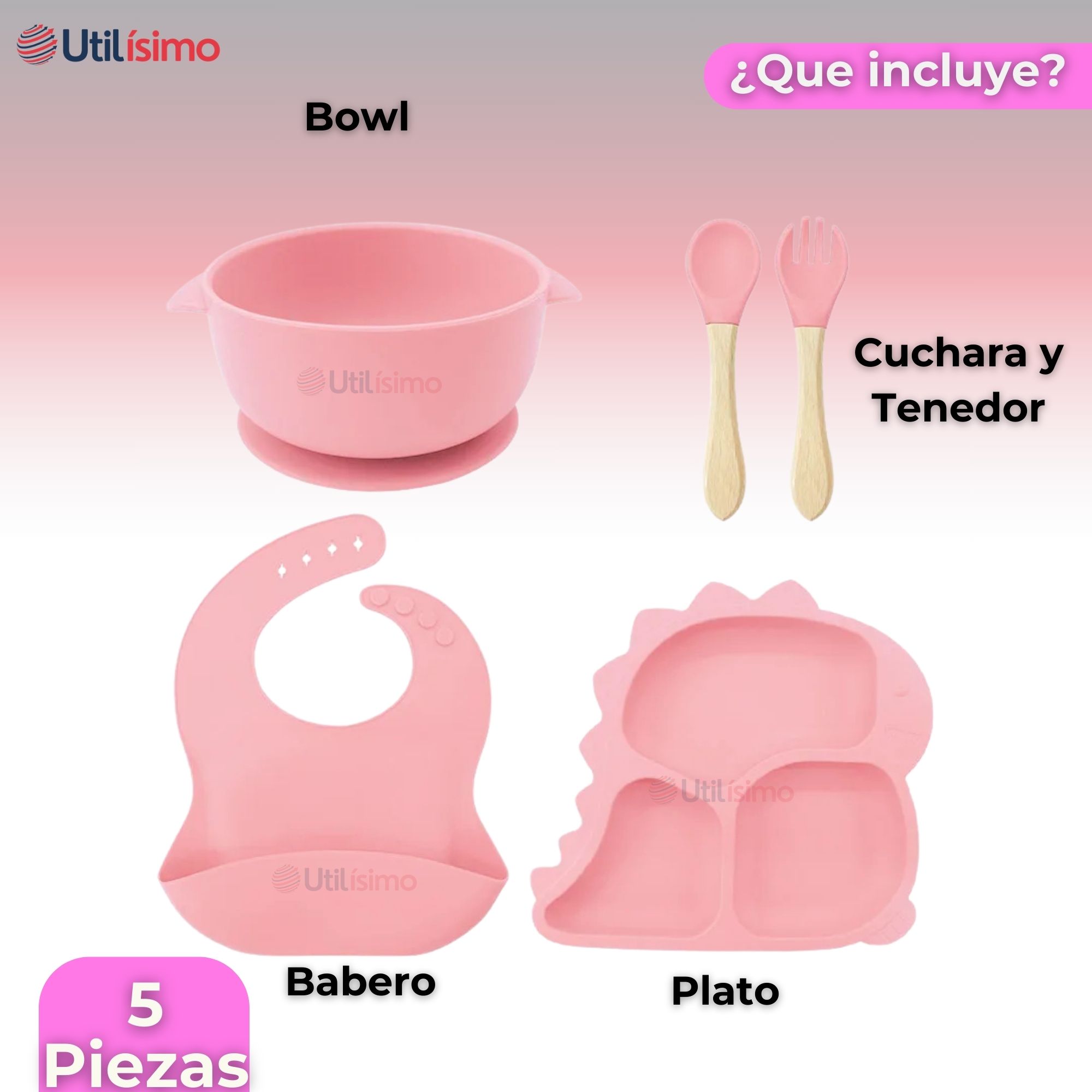 SET DE ALIMENTACIÓN BEBÉ SILICONA 5 PIEZAS DINOSAURIO LIBRE BPA ROSA CLARO - 5