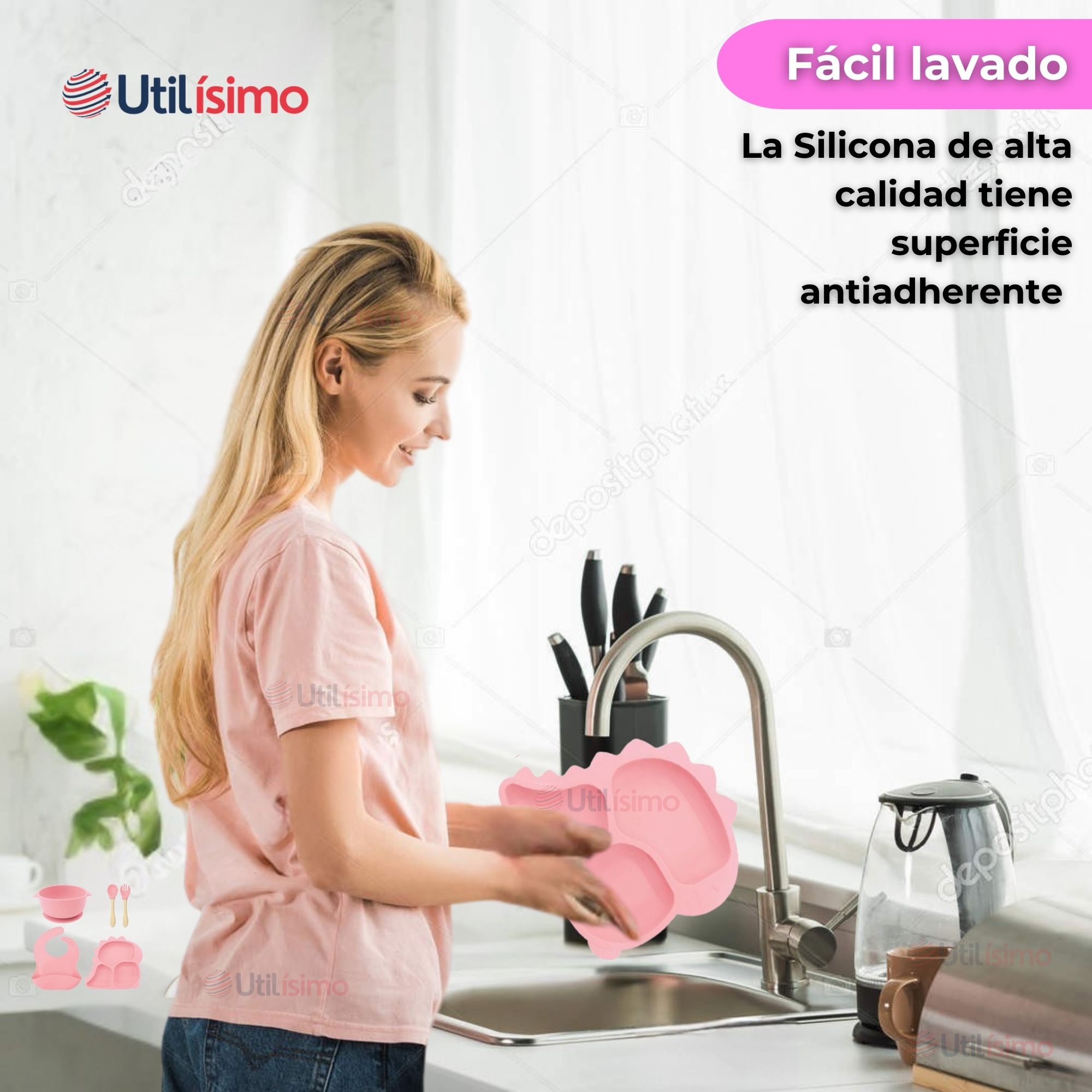 SET DE ALIMENTACIÓN BEBÉ SILICONA 5 PIEZAS DINOSAURIO LIBRE BPA ROSA CLARO - 6