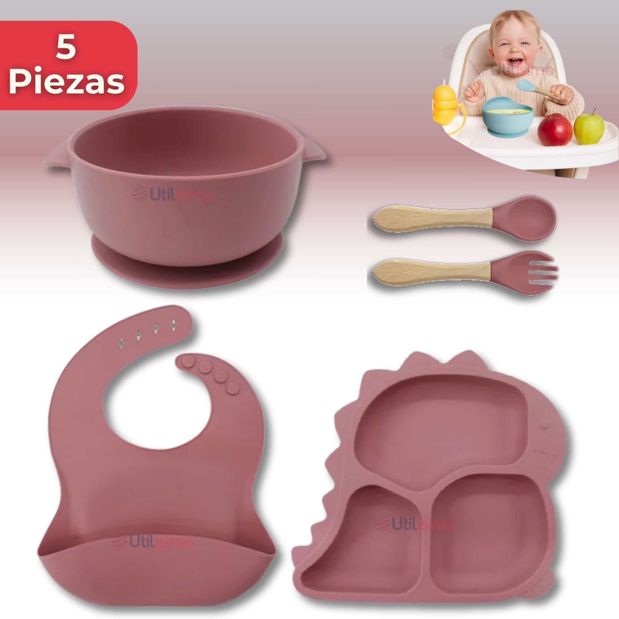 SET DE ALIMENTACIÓN BEBÉ SILICONA 5 PIEZAS DINOSAURIO LIBRE BPA ROSA OSCURO - 1