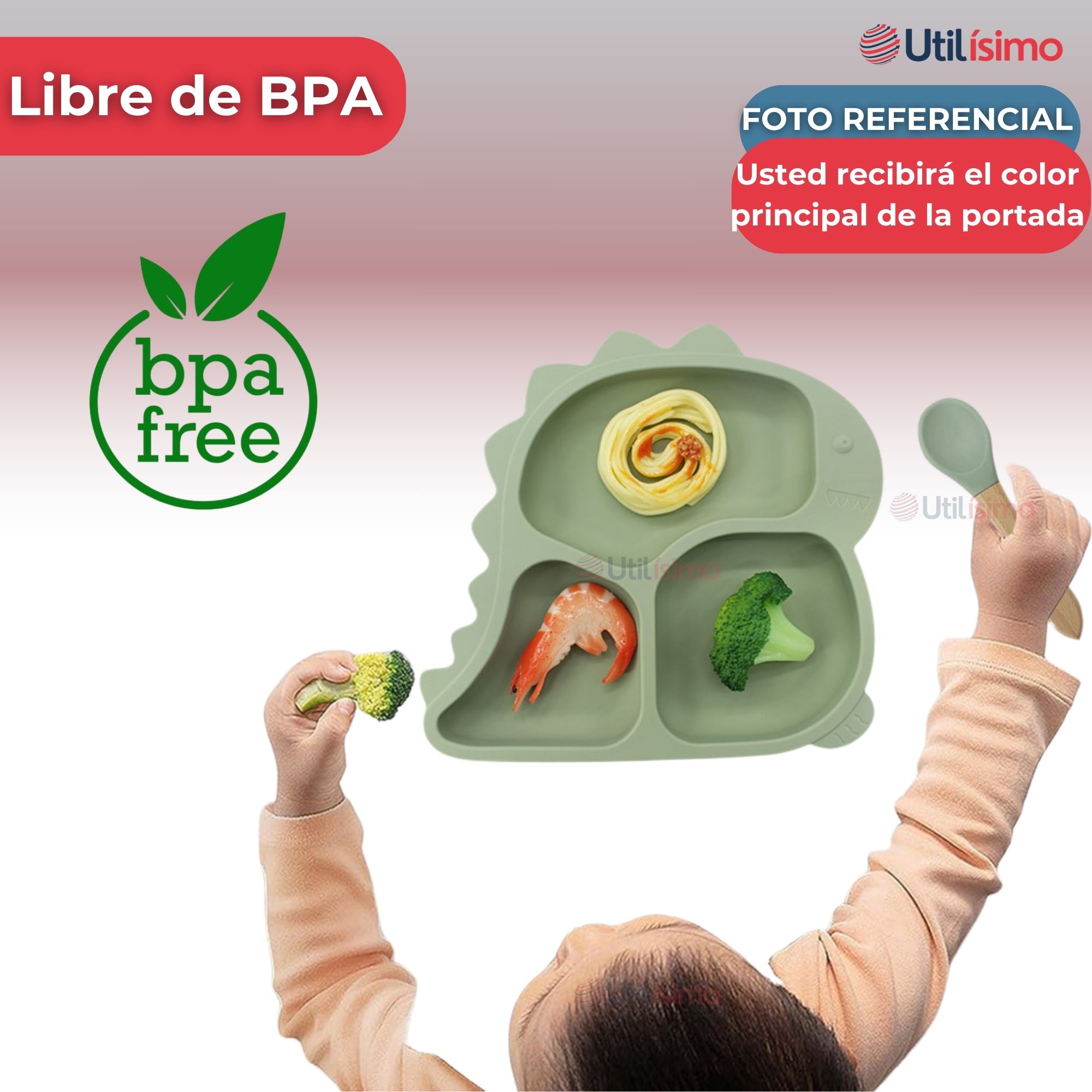 SET DE ALIMENTACIÓN BEBÉ SILICONA 5 PIEZAS DINOSAURIO LIBRE BPA ROSA OSCURO - 2