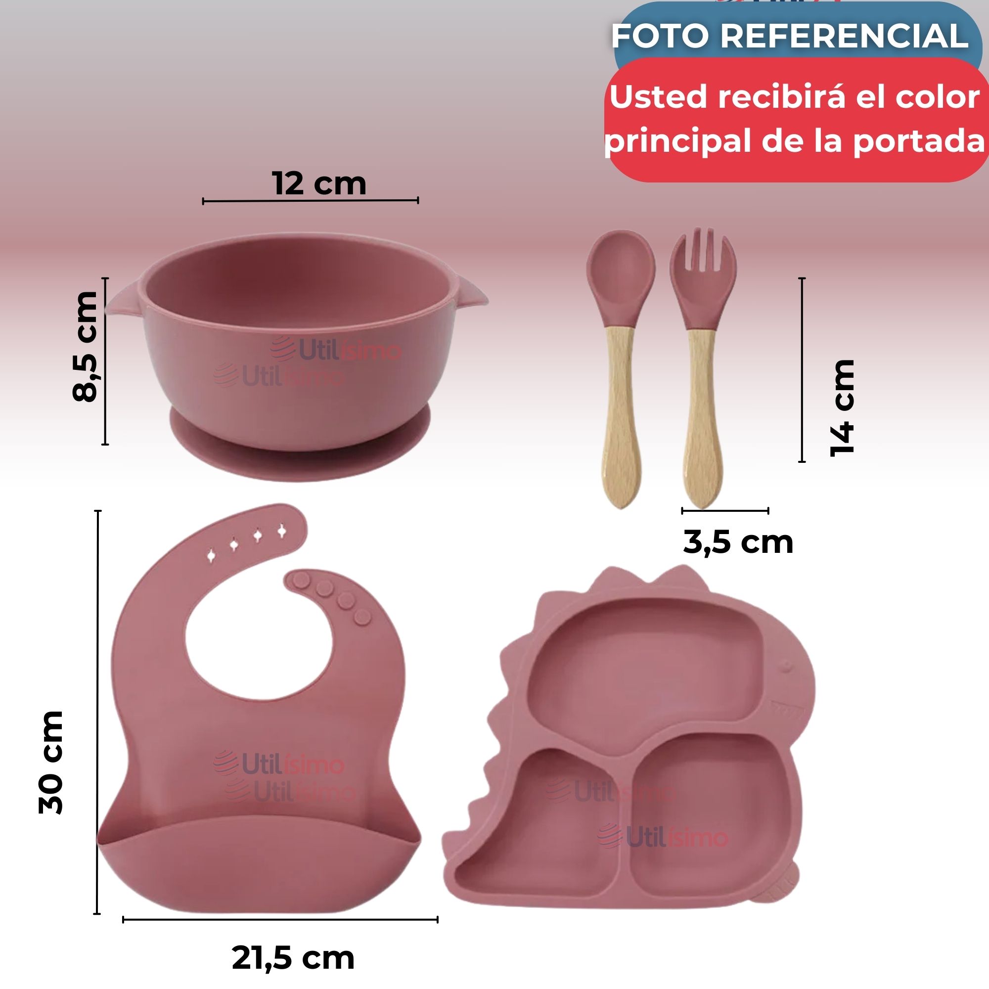 SET DE ALIMENTACIÓN BEBÉ SILICONA 5 PIEZAS DINOSAURIO LIBRE BPA ROSA OSCURO - 3